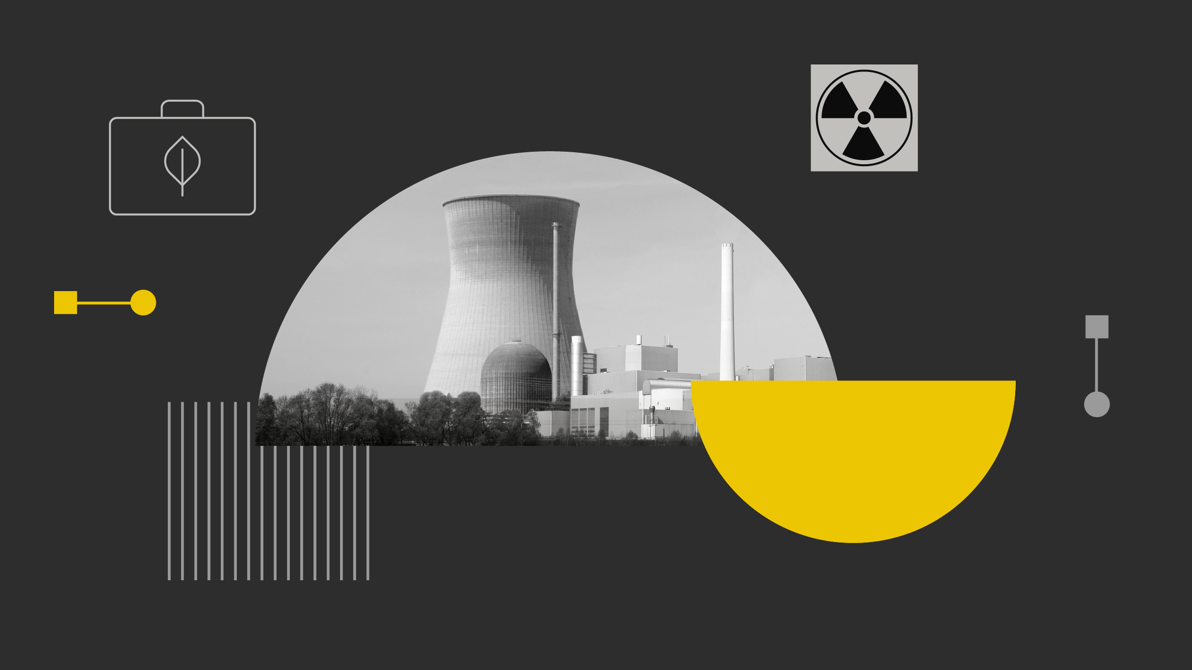 Collage van afbeeldingen van de kernenergie-industrie, met iconen die staan voor kernenergie en duurzaamheid.
