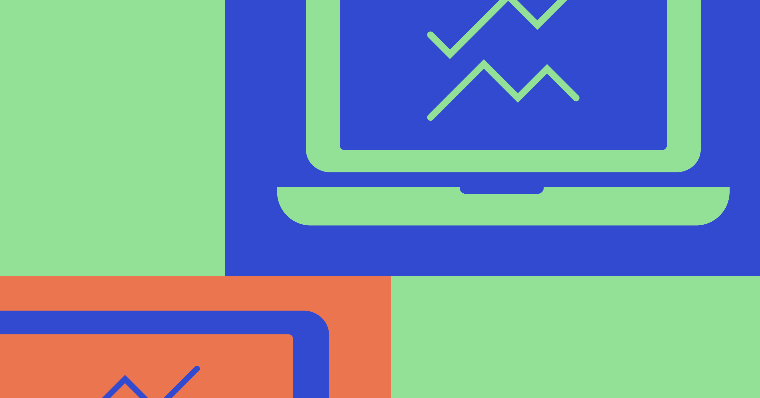 Illustration d'un ordinateur portable vert avec un graphique linéaire sur l'écran en bleu et une partie d'un ordinateur portable bleu avec un graphique linéaire sur l'écran en orange représentant les industries du logiciel.