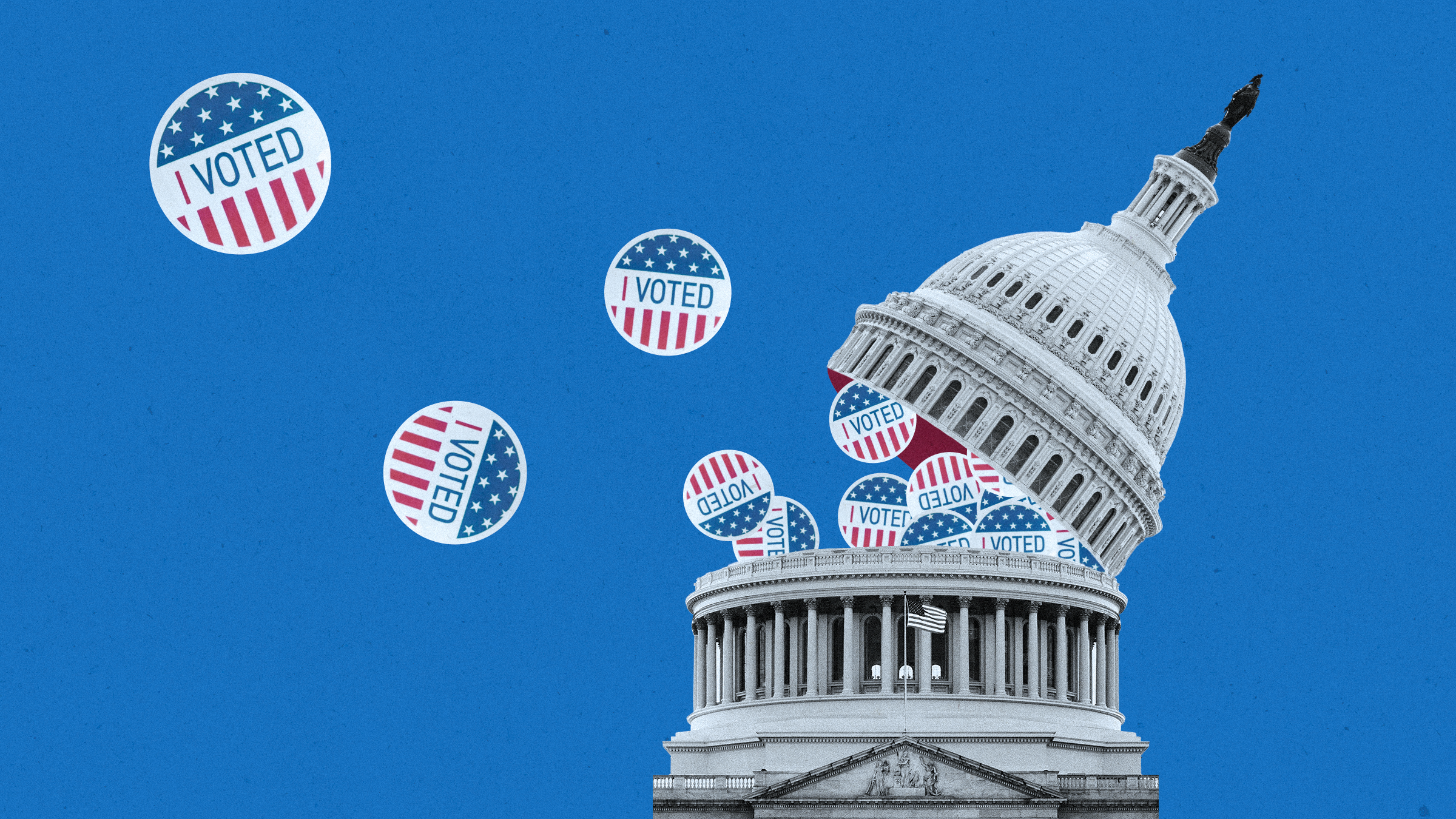 Illustration of Capitol building opening with voting stickers floating out.