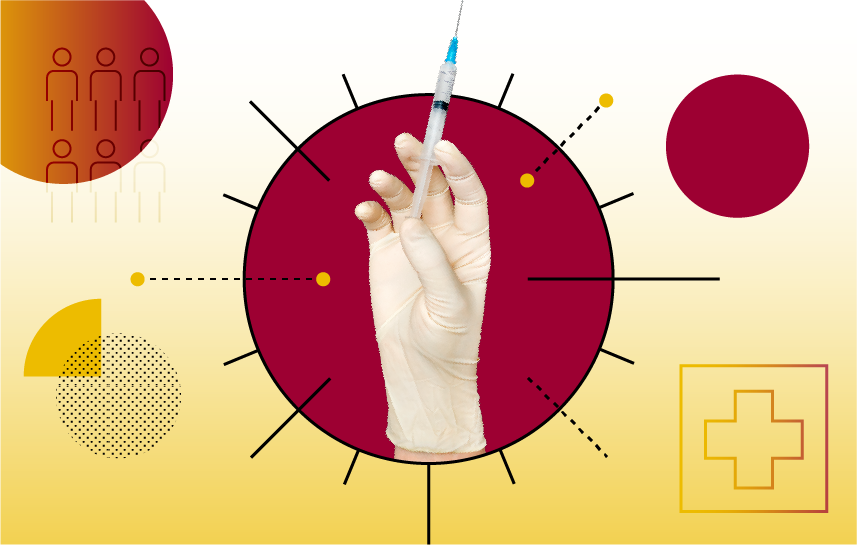 Illustration shows a hand wearing a latex glove and holding a syringe filled with clear liquid shown over a red and yellow backdrop that includes a hospital symbol