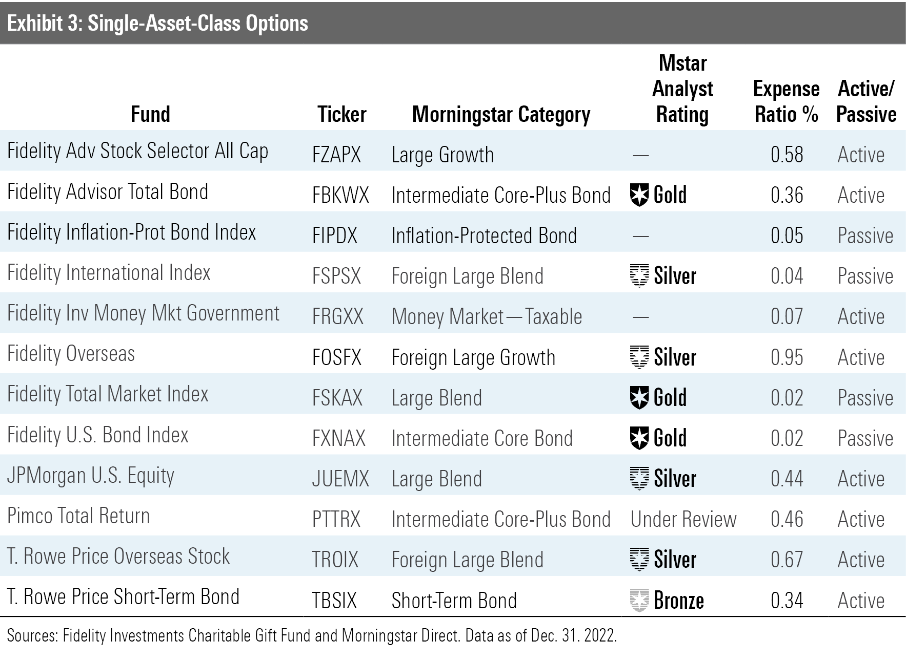A table showing the single asset-class investment options available in the Fidelity Charitable program.