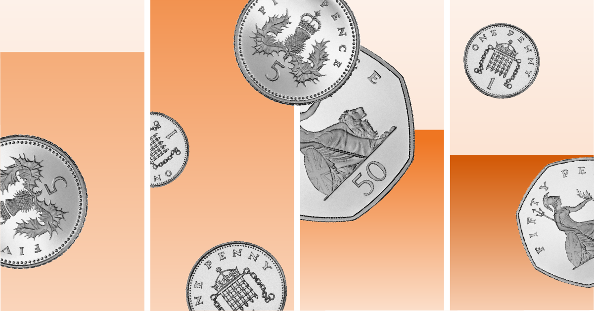 Photo collage illustration of graph elements and sterling coins floating.