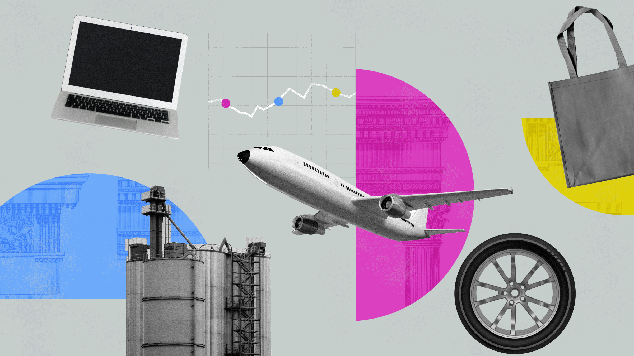 Collage with factory, plane, computer, tire, and shopping bag to represent the state of economy.