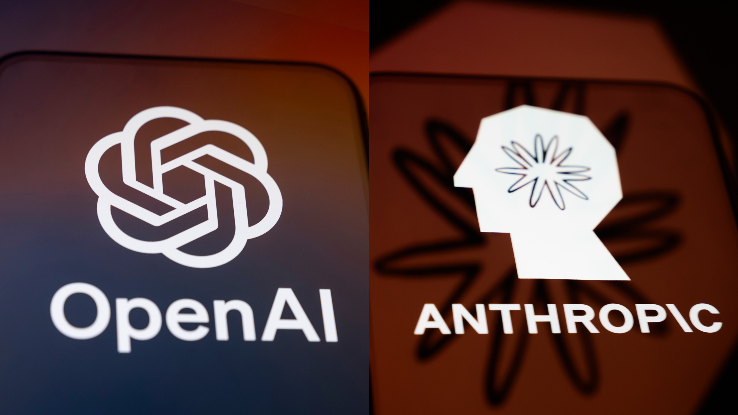 The Anthropic and Open AI logos are displayed on smartphone screens.