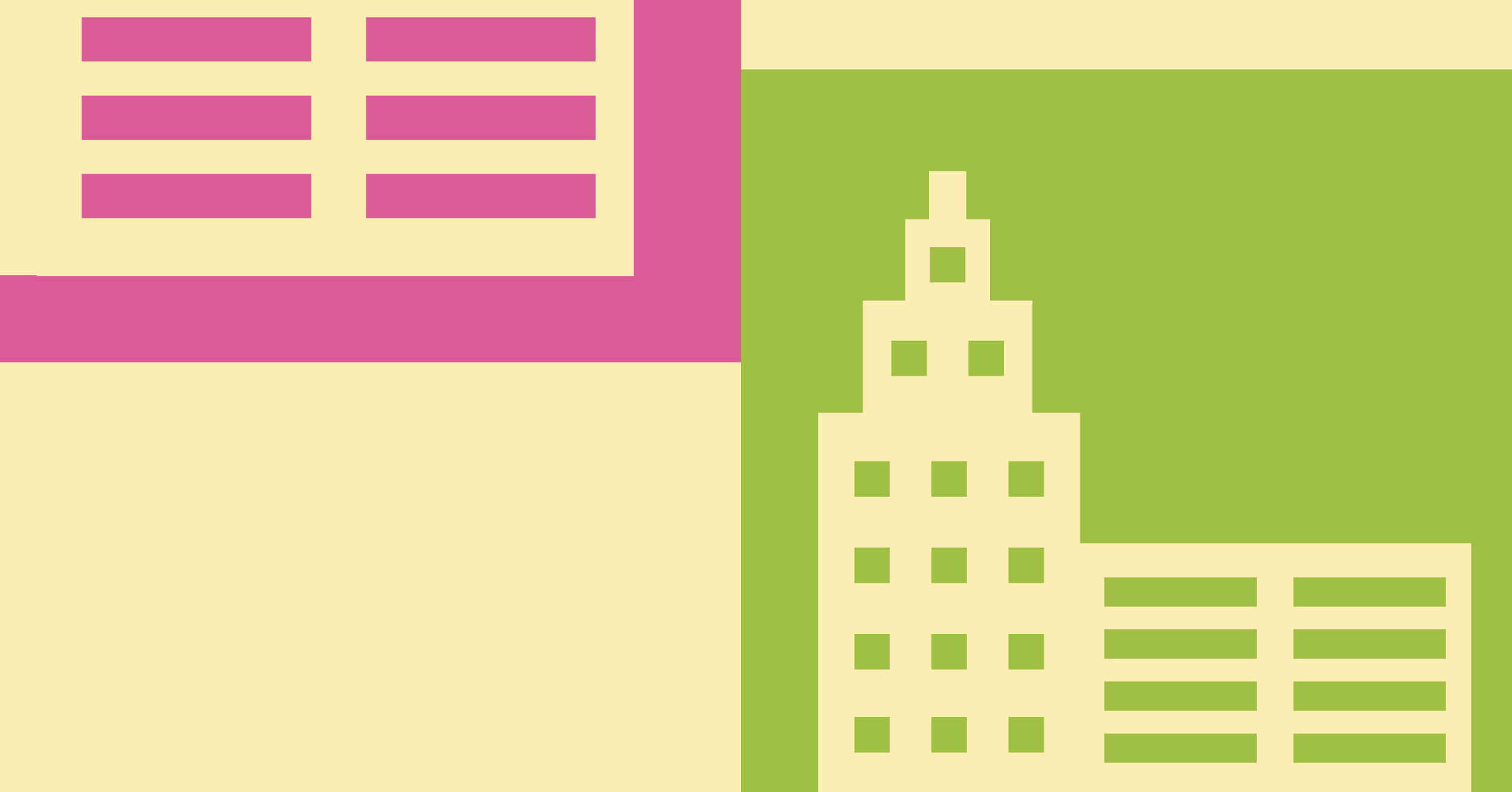 Illustration of a yellow building outlined in light green and part of a yellow building outlined in pink in front of a yellow background depicting the real estate industry