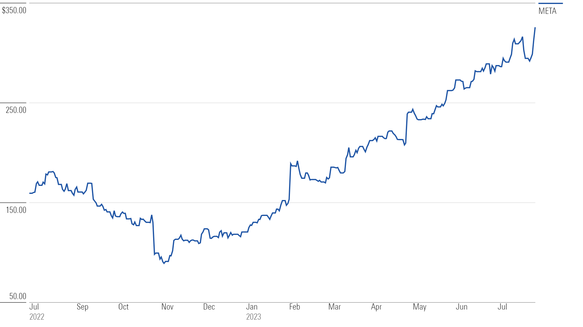 Meta Platforms Inc Stock Price Chart displaying one year of price data graph.