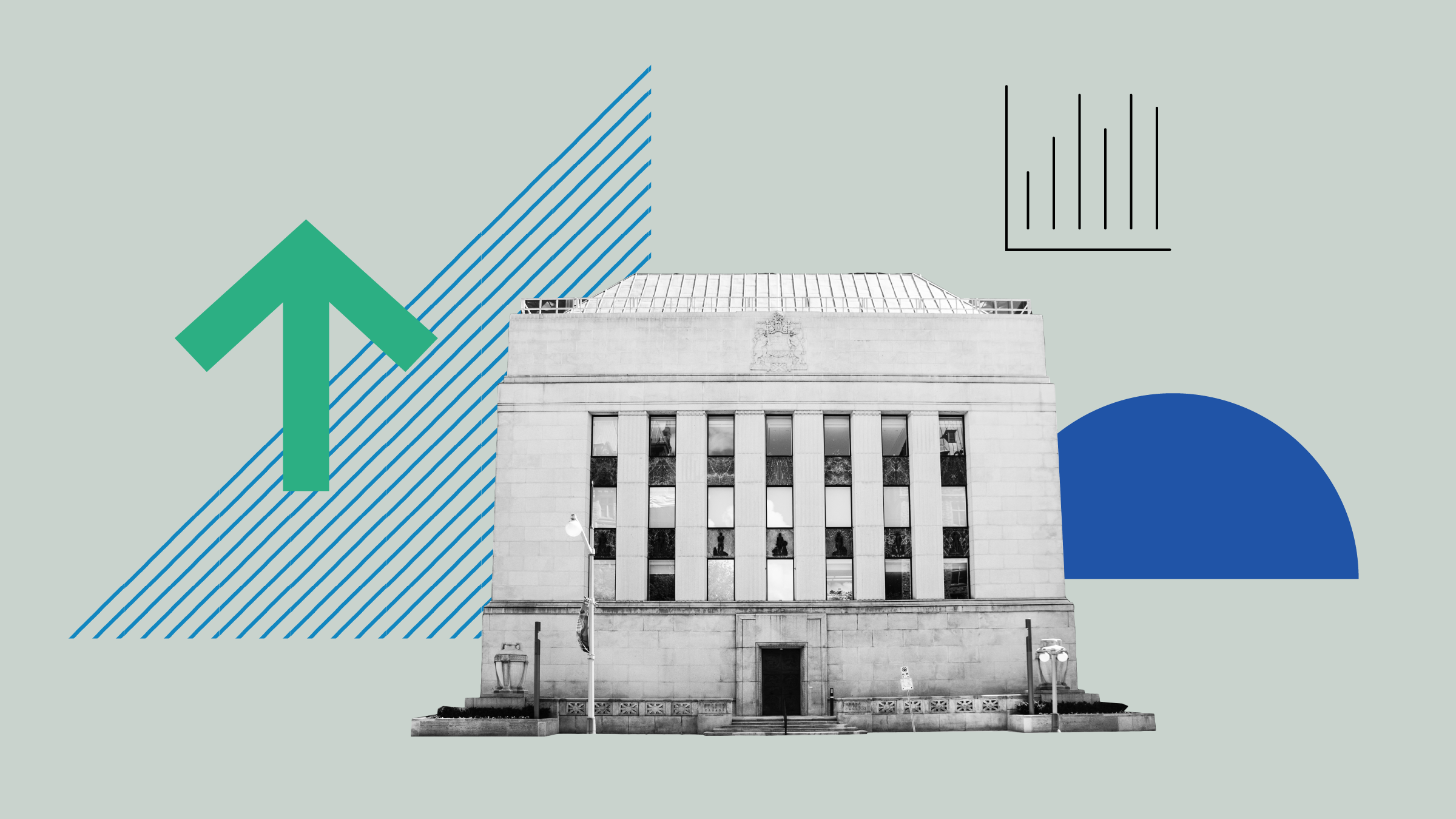 Collage illustration of the Bank of Canada with background shapes and icons