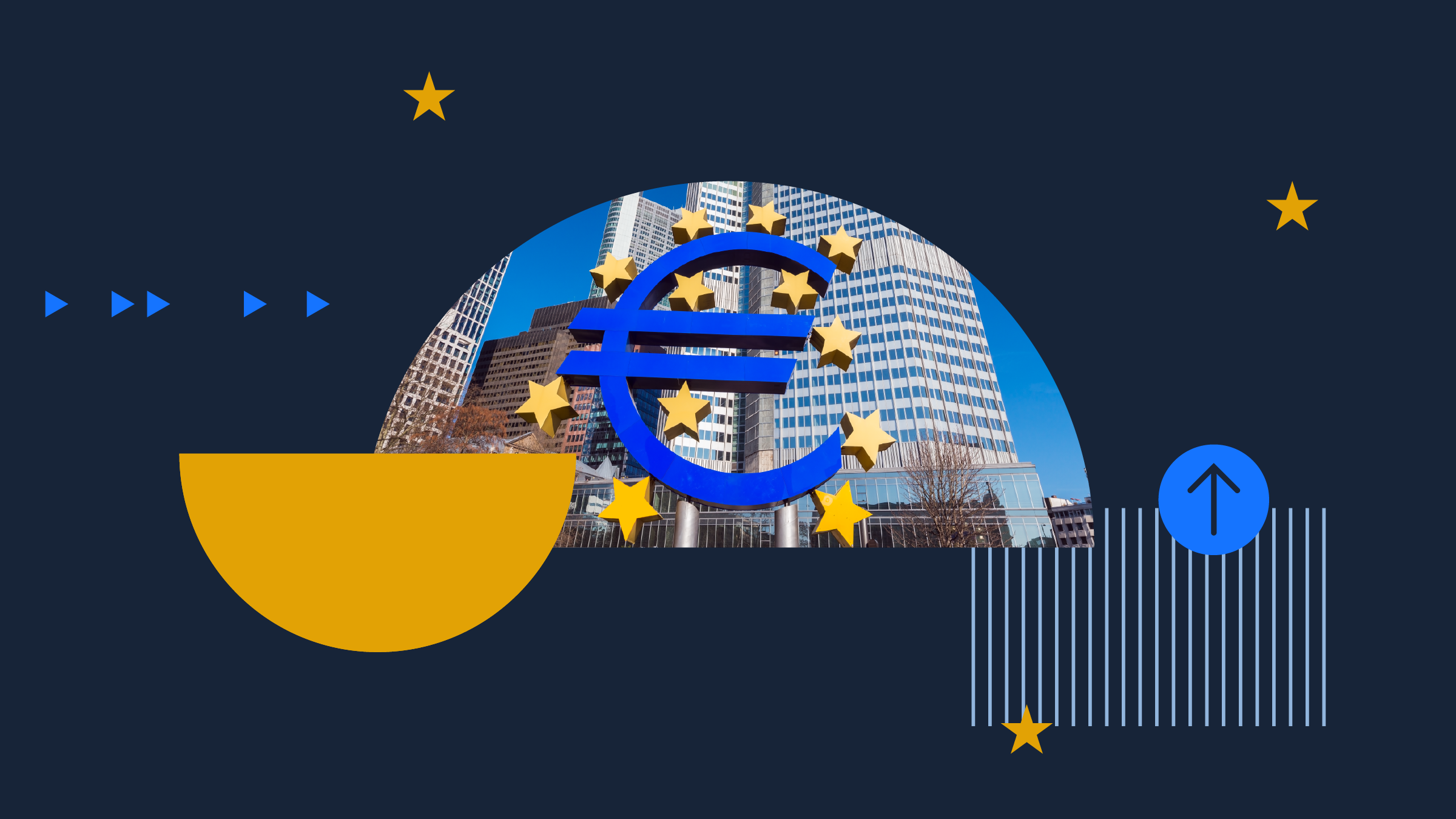 Collage illustration of the European Central Bank with background shapes and icons