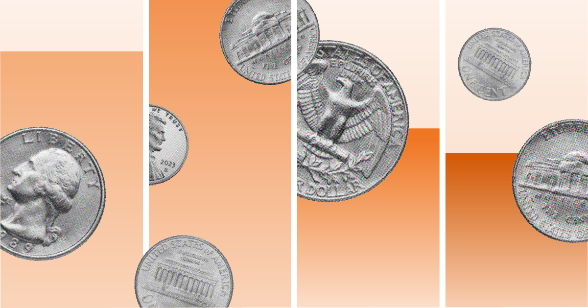 Illustration with coins floating over orange bar graphs