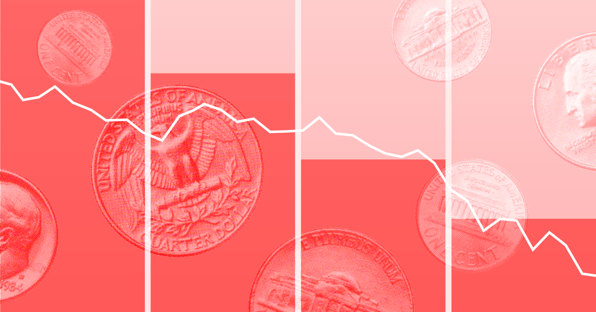 Ilustraci&oacute;n con monedas flotando sobre gr&aacute;ficos de barras rojas