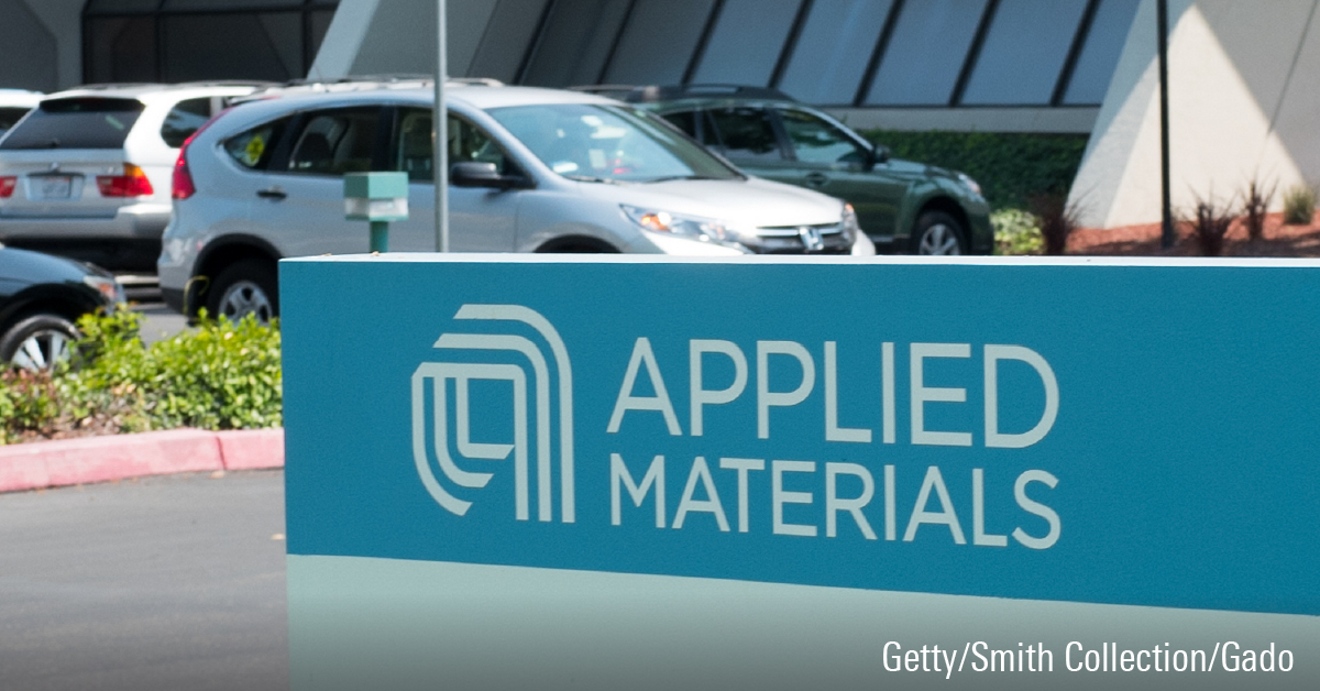 Signage with logo at the Silicon Valley headquarters of semiconductor company Applied Materials, Santa Clara, California, August 17, 2017.