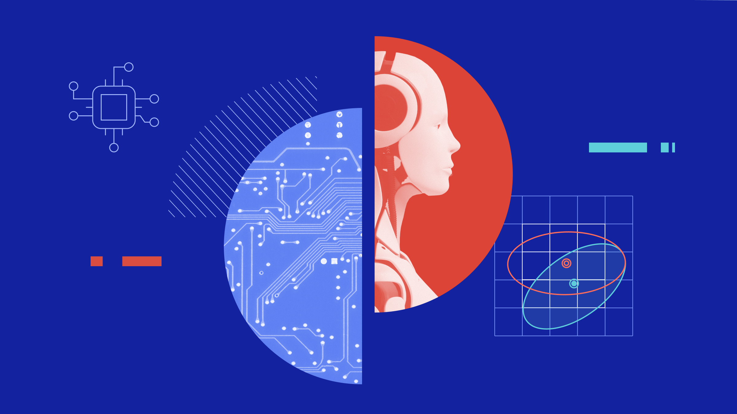 Collage illustration of a robot and a semiconductor inside a pie chart, with graphical elements in the background.