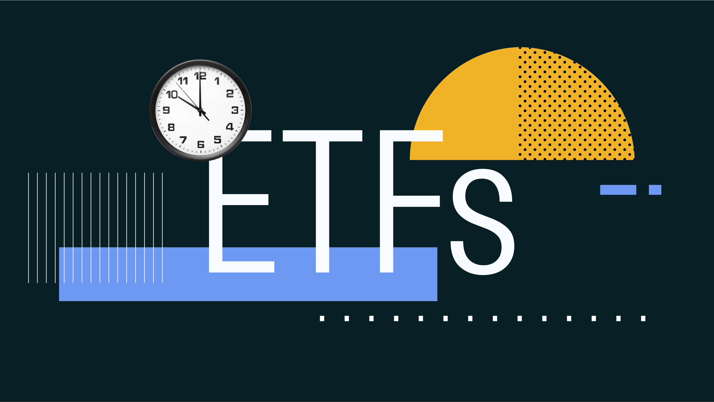 Collage illustration of the word &quot;ETFs&quot; with a clock and shapes in the background.
