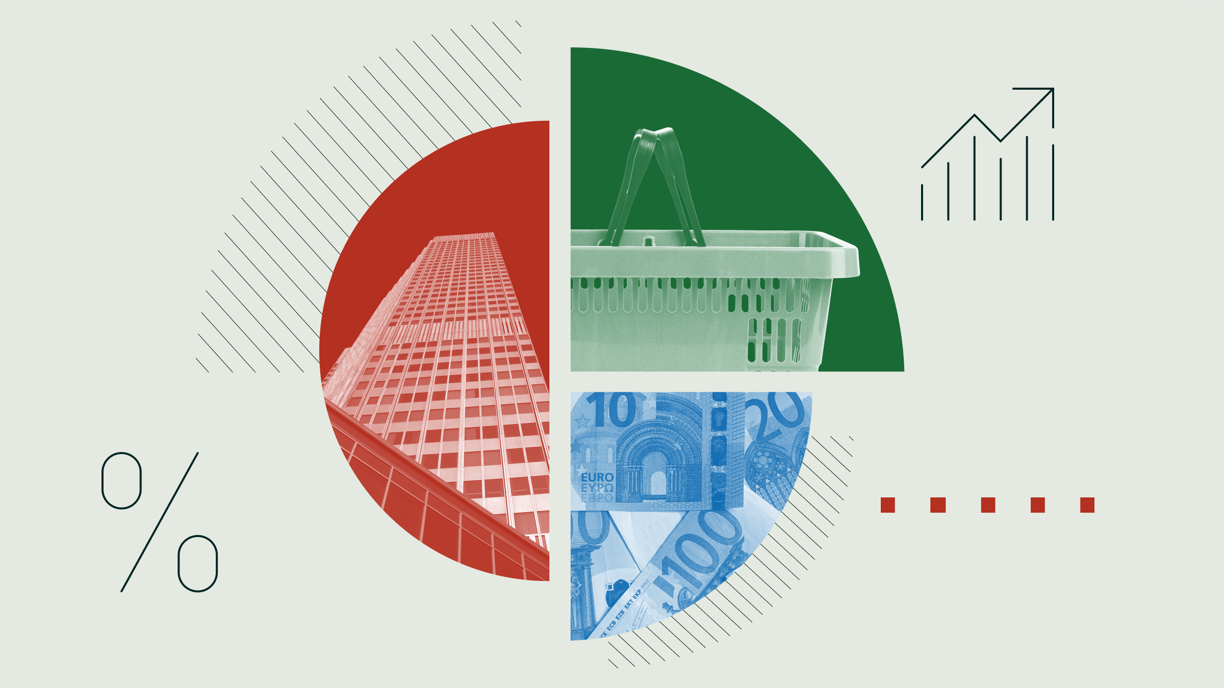 Collageillustrazione di una conferenza con immagini delle banche centrali europee, di un kundvagn e di un sedlar.