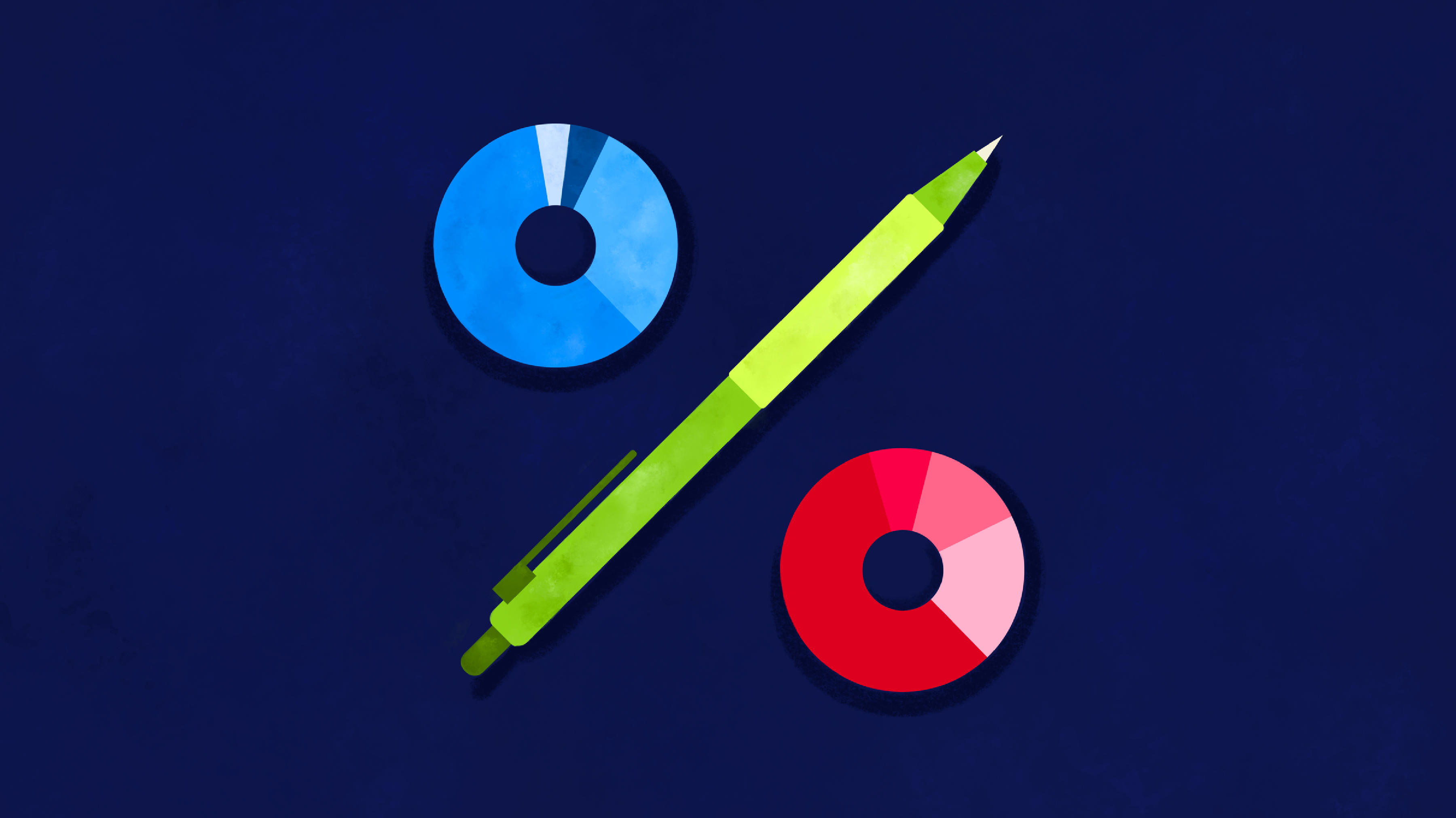 Illustration of percentage sign using a pencil and donut charts