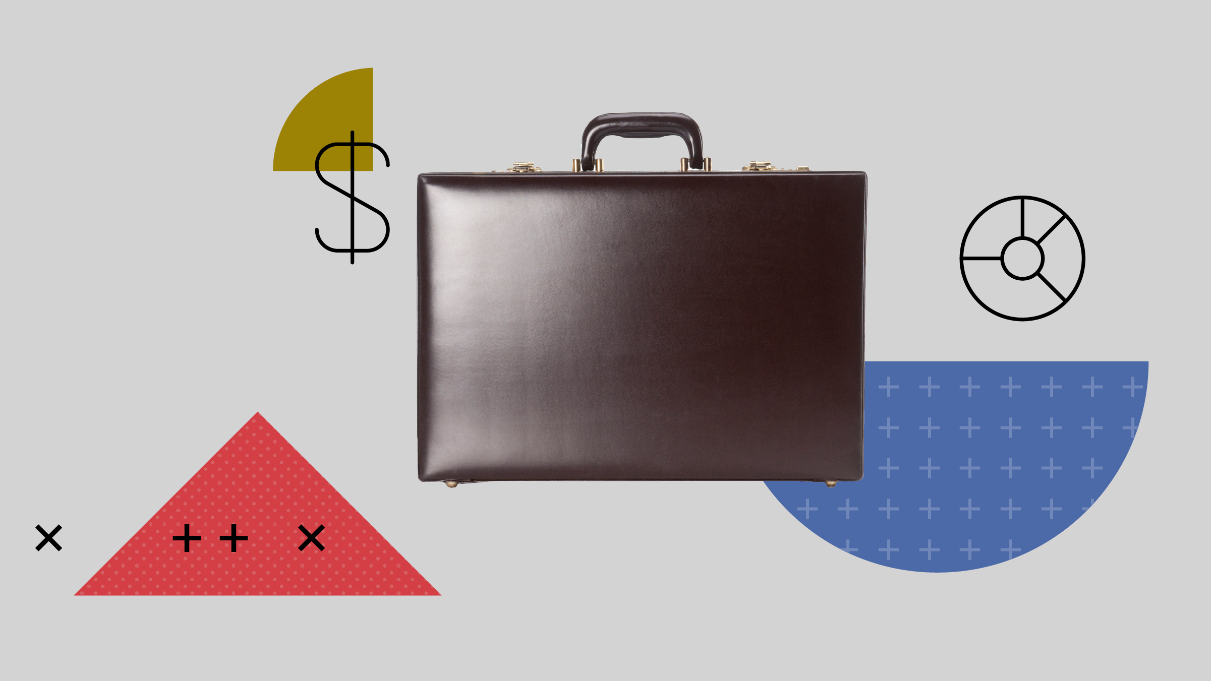 Illustration featuring a briefcase with background icons of donut chart and dollar sign, complemented by abstract shapes