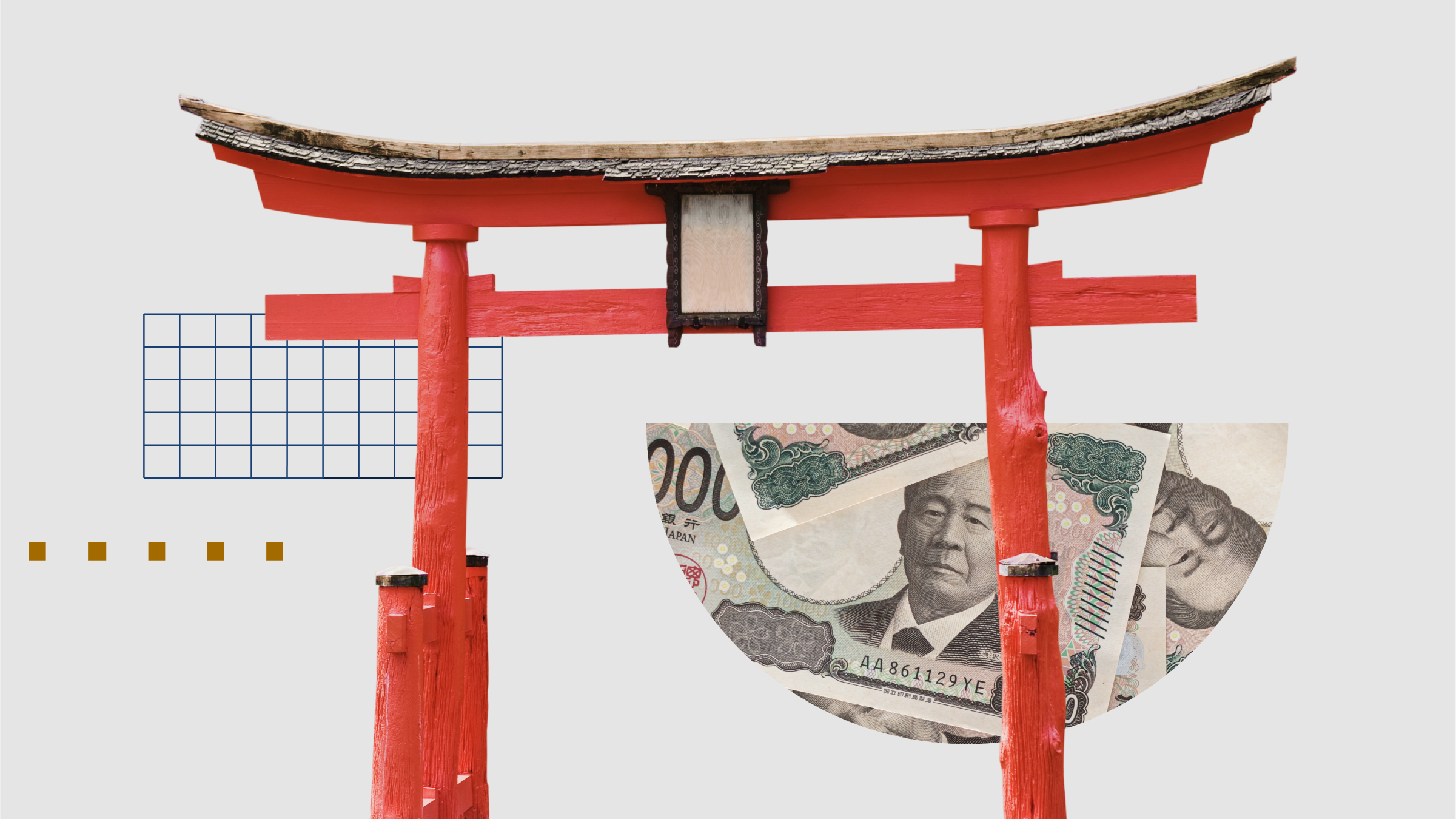 Collage illustration featuring a Torii gate and Japanese Yen currency.