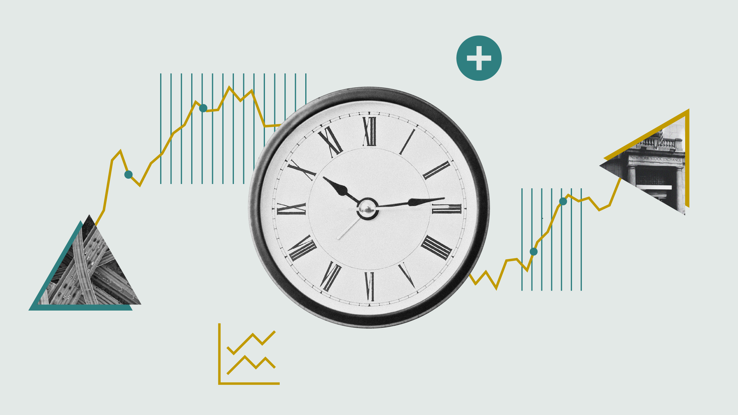 Illustration collage of clock with graphical elements pointing up and down