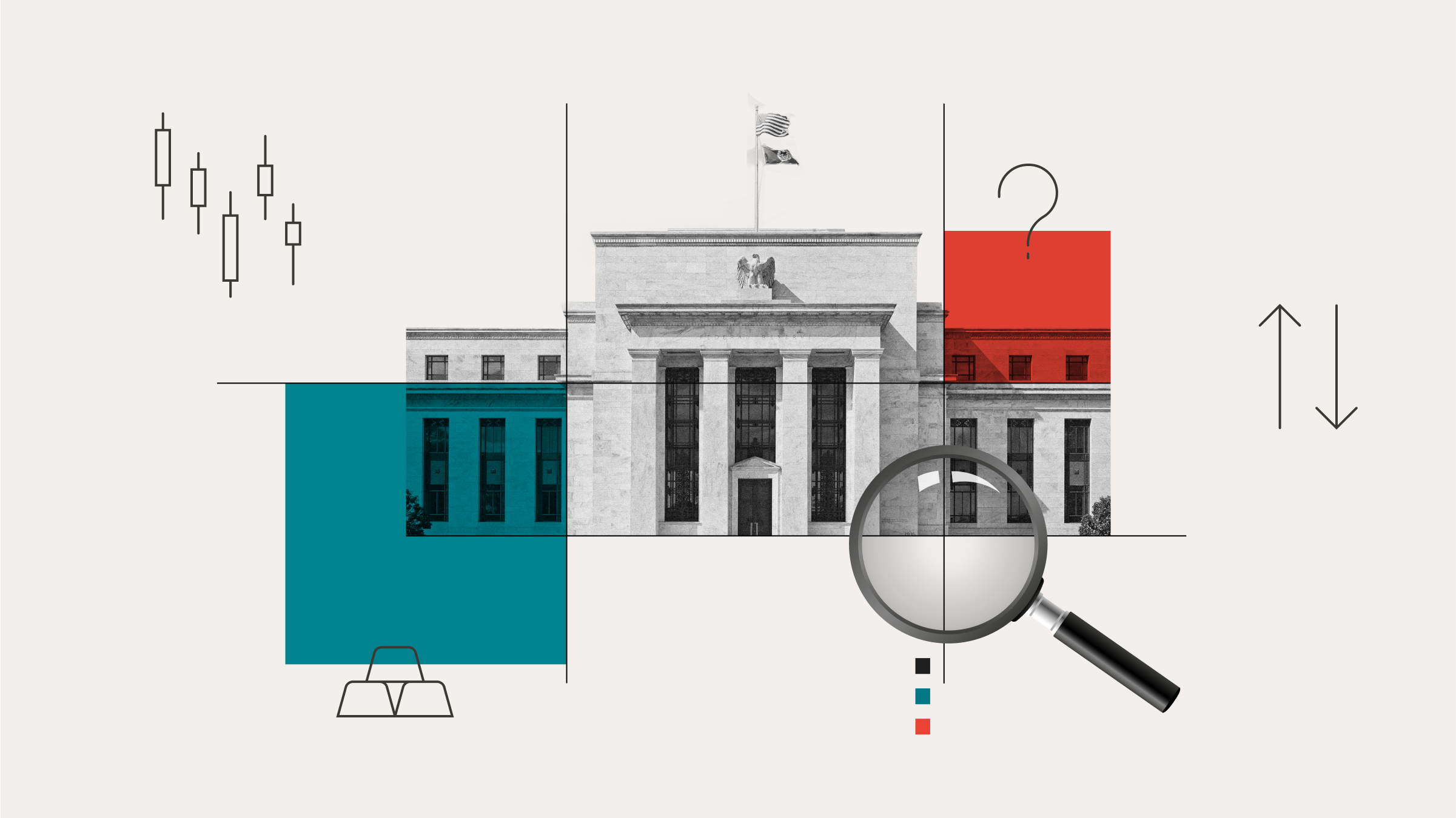 Collageillustratie f&ouml;rest&auml;llande Federal Reserve onder ett f&ouml;rstoringsglas med grafiska element i bakgrunden.