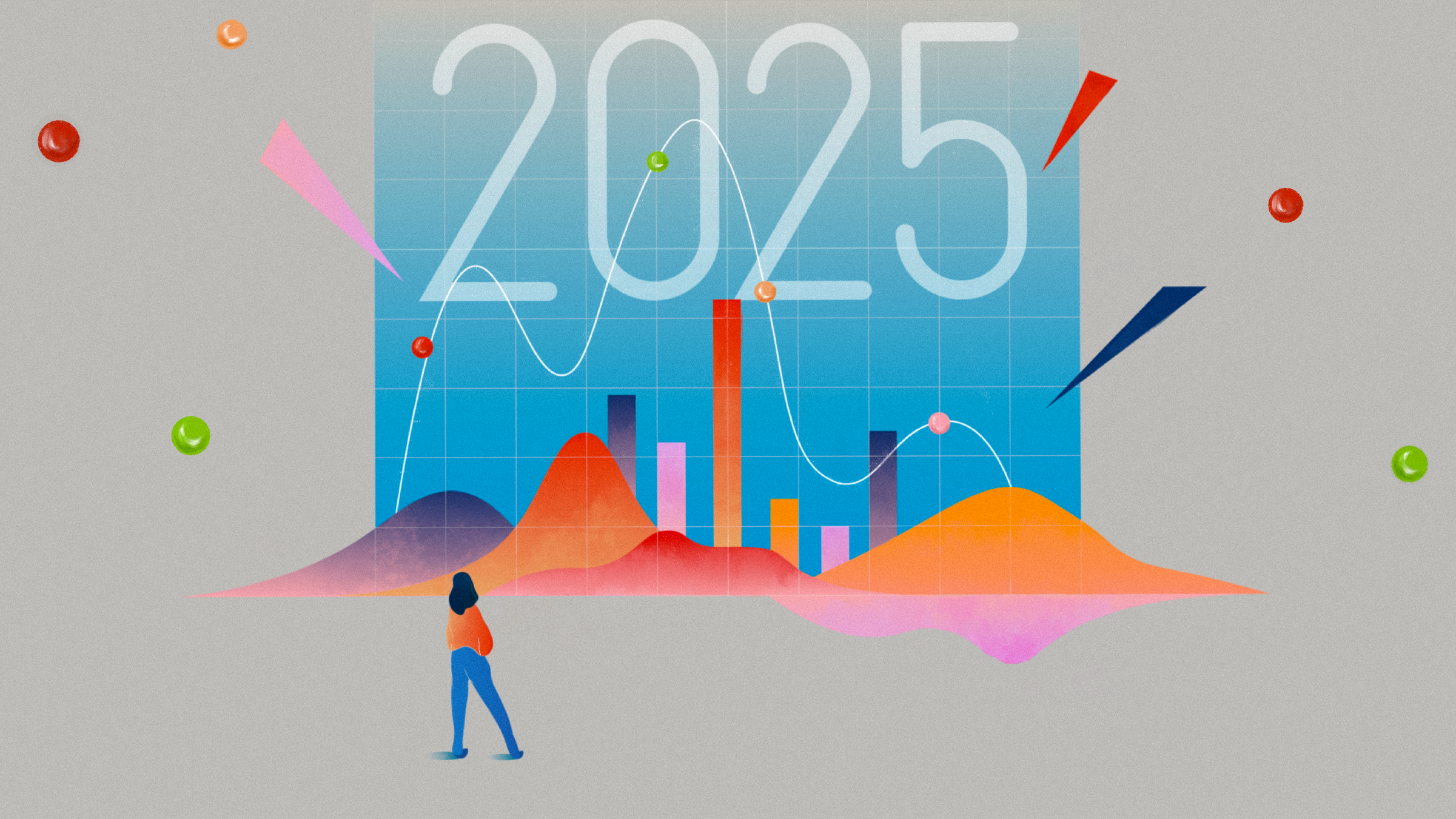 Illustration of graphical elements with the year &apos;2025&apos; at the center and a person looking into the distance