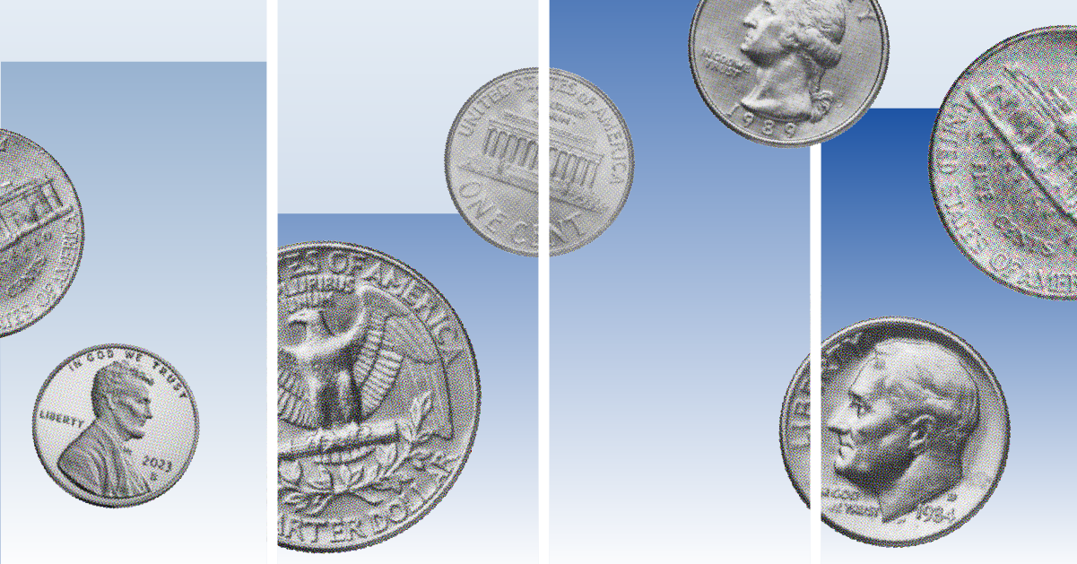 Illustration with coins floating over blue bar graphs