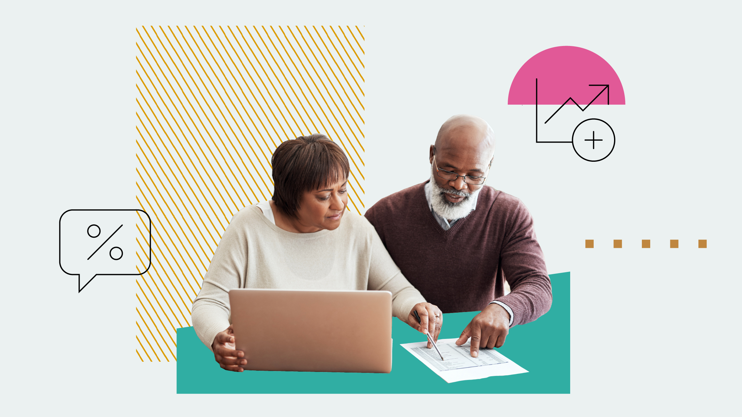 Illustration d&apos;un couple assis ensemble, examinant des &eacute;crans d&apos;ordinateur et des documents. Une bulle de dialogue avec un symbole de pourcentage et une ic&ocirc;ne de fl&egrave;che vers le haut apparaissent en arri&egrave;re-plan.