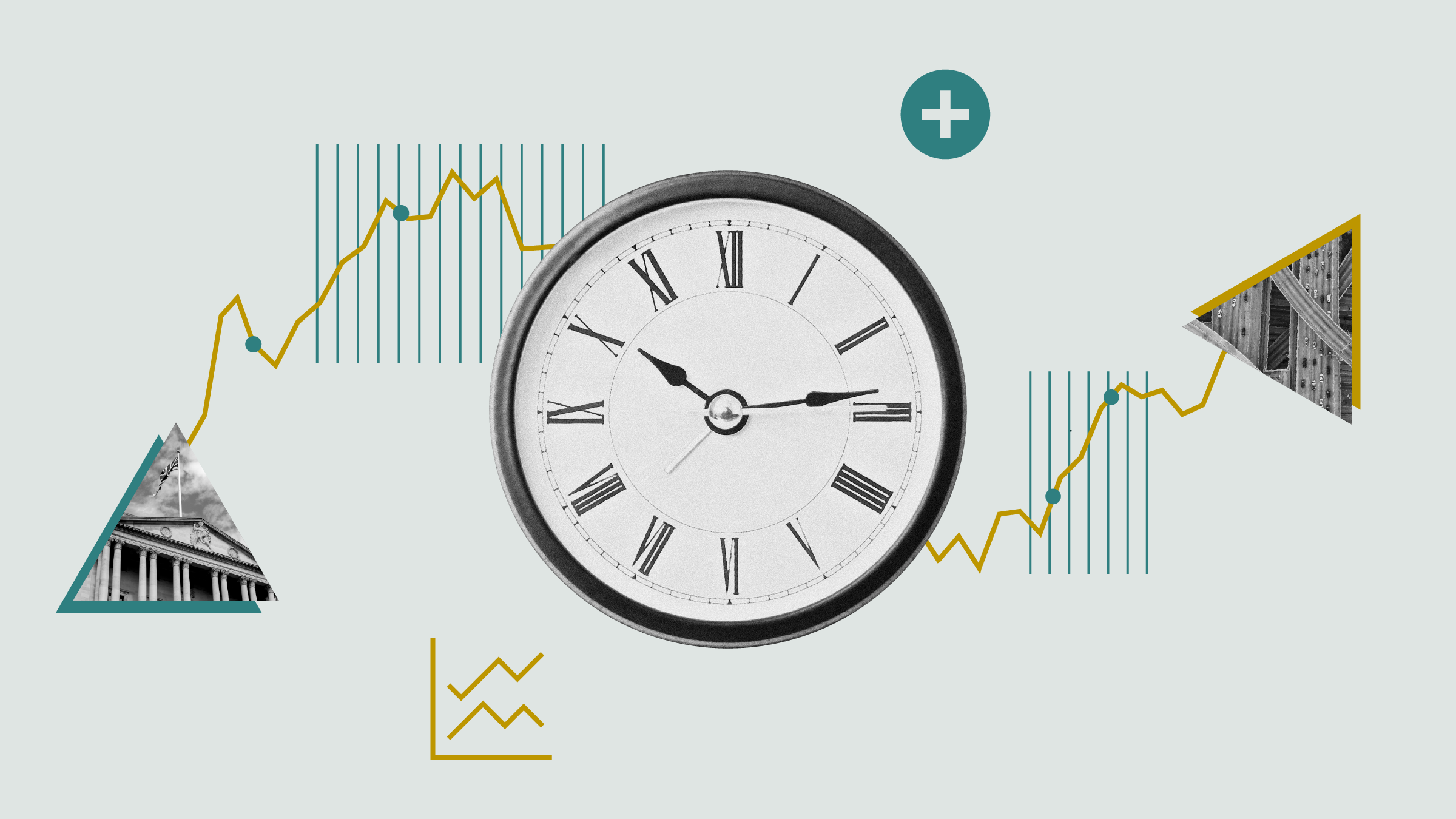 Illustration collage of clock with graphical elements pointing up and down