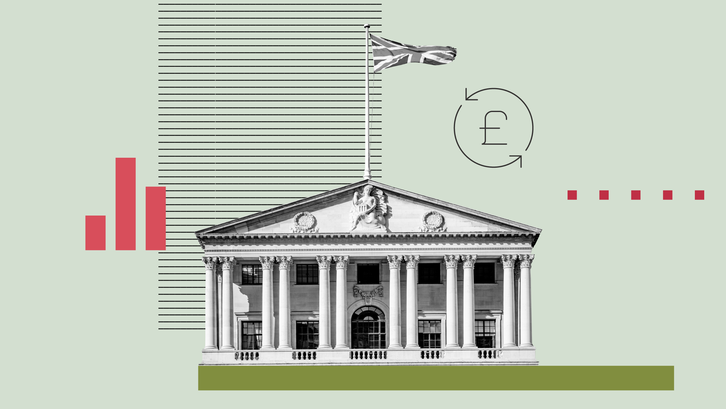 Collage illustration of the Bank of England with background shapes and icons