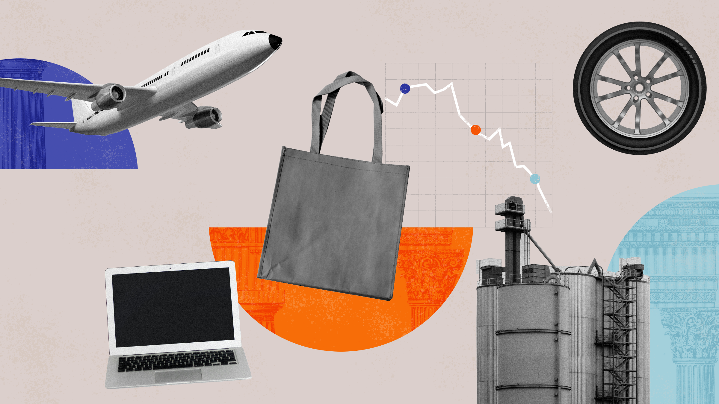 Collage with factory, plane, computer, tire, and shopping bag to represent the state of economy.