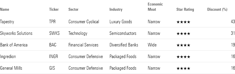 This table shows the company name, ticker, sector, industry, economic moat, star rating, and discount percentage for Tapestry, Skyworks Solutions, Bank of America, Ingredion, and General Mills.