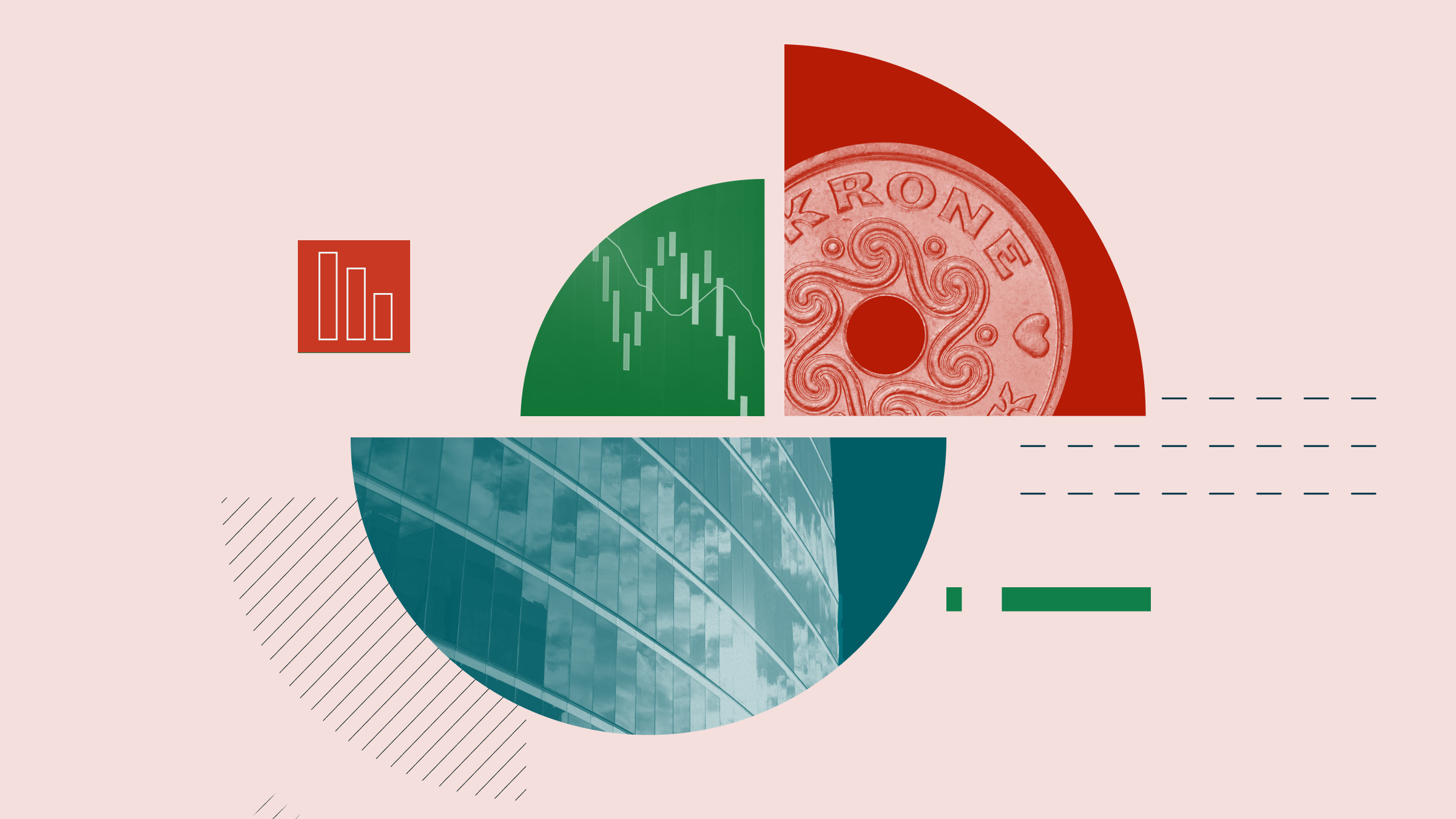 Collage illustration featuring a Danish Krone, a ticker board showing a negative market trend, and an office building.