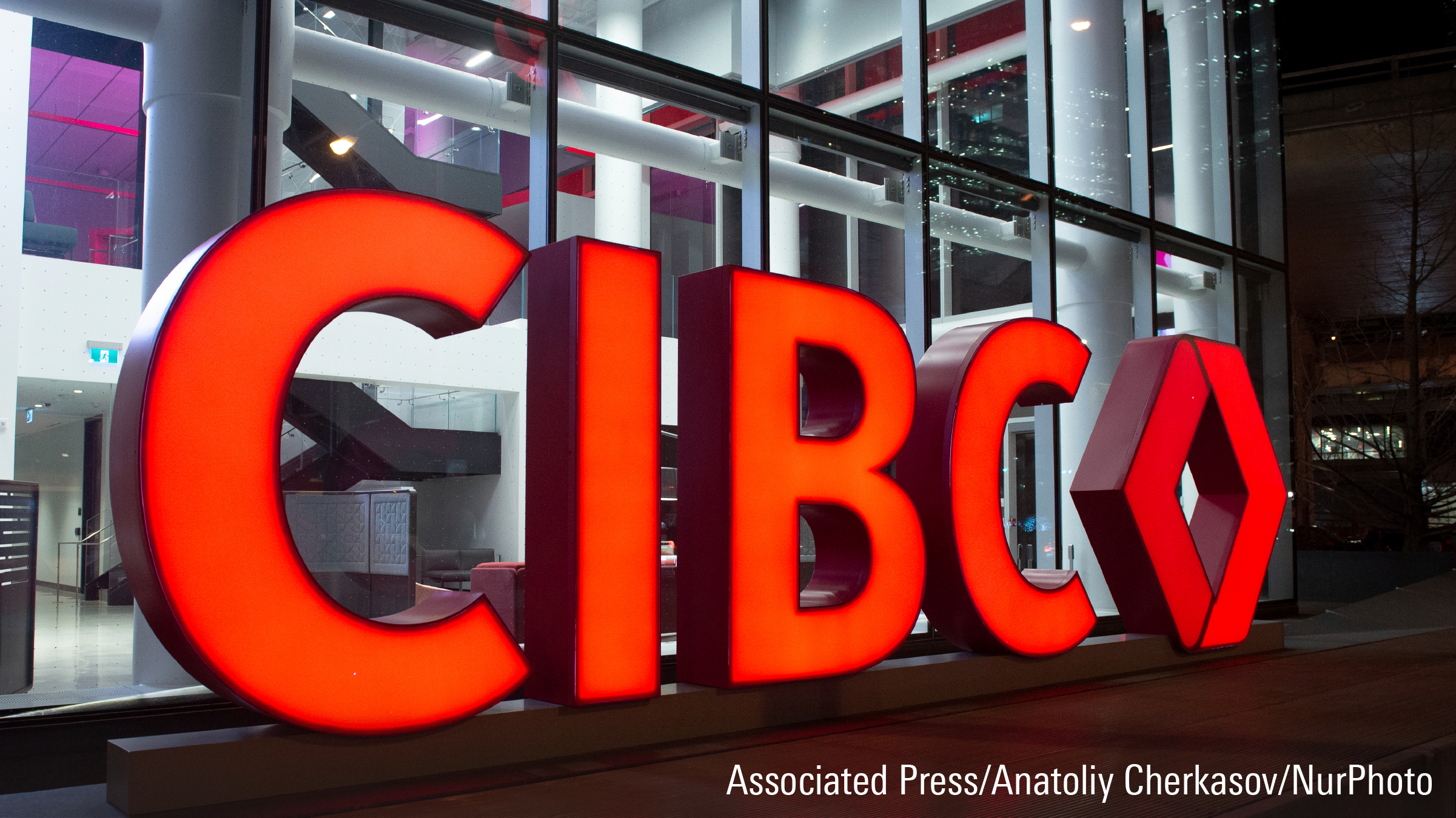 Close-up of CIBC sign on the building. Canadian Imperial Bank of Commerce (CIBC)