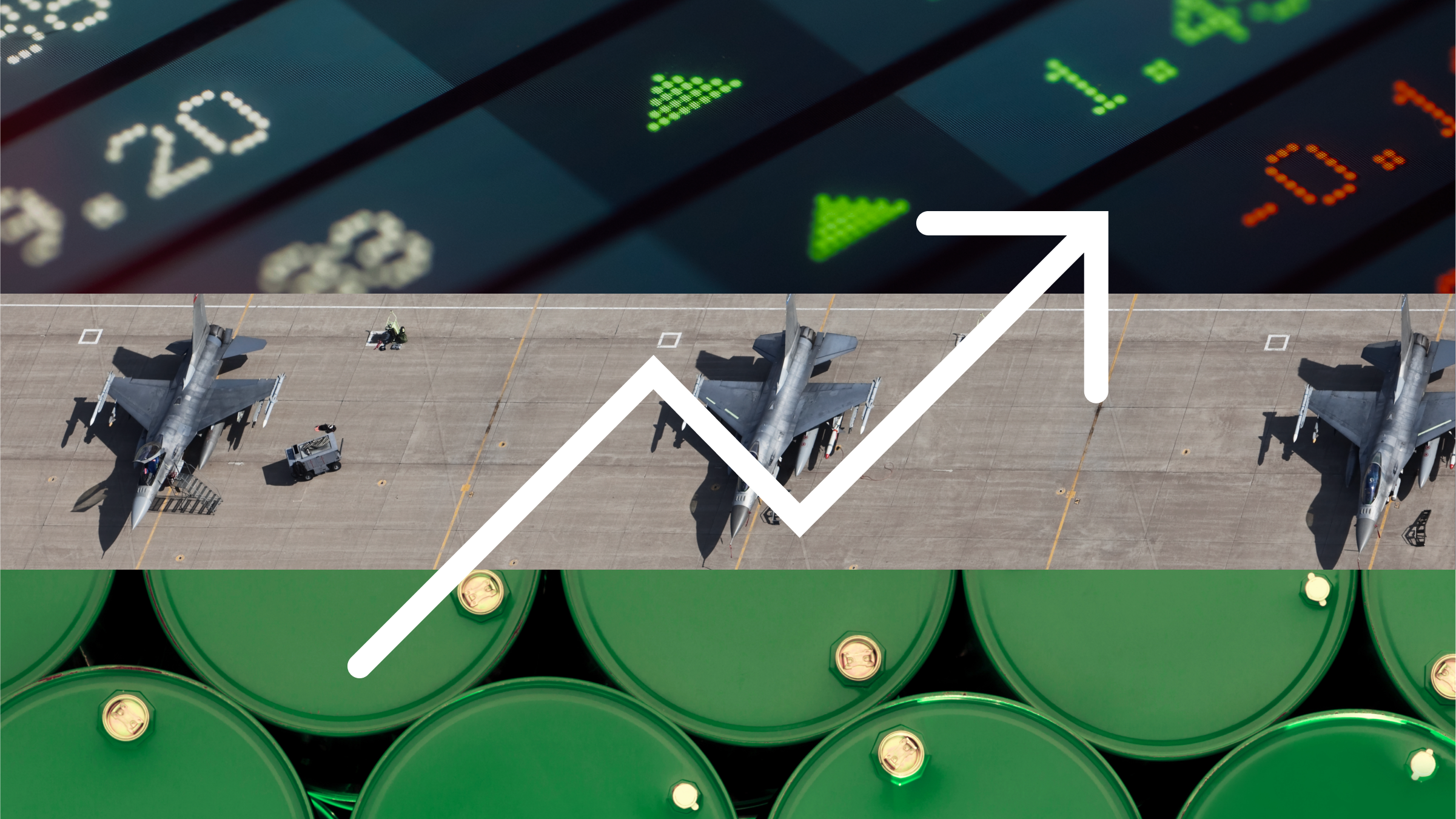 Illustration showing a stock market ticker, fighter jets lined up on a runway, and green oil barrels, symbolizing rising defense investments with an upward white arrow.