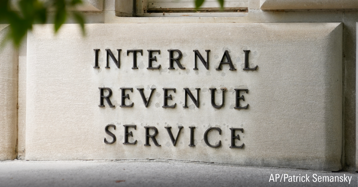 Internal Revenue Service sign outside of the office building in Washington.