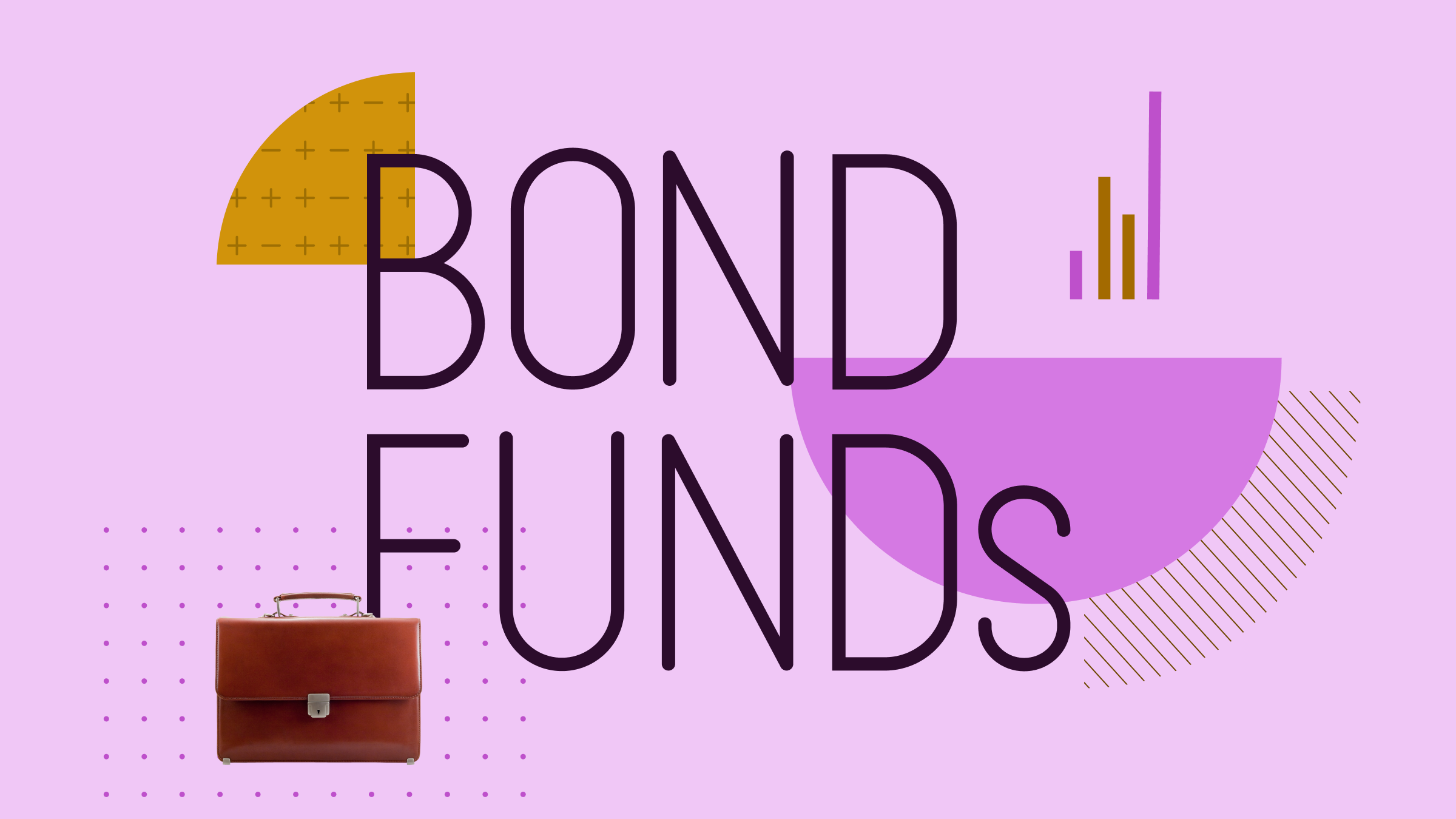 Collage-Illustration mit dem Text "Bond Funds" in der Mitte und einem Portfolio und grafischen Elementen im Hintergrund.