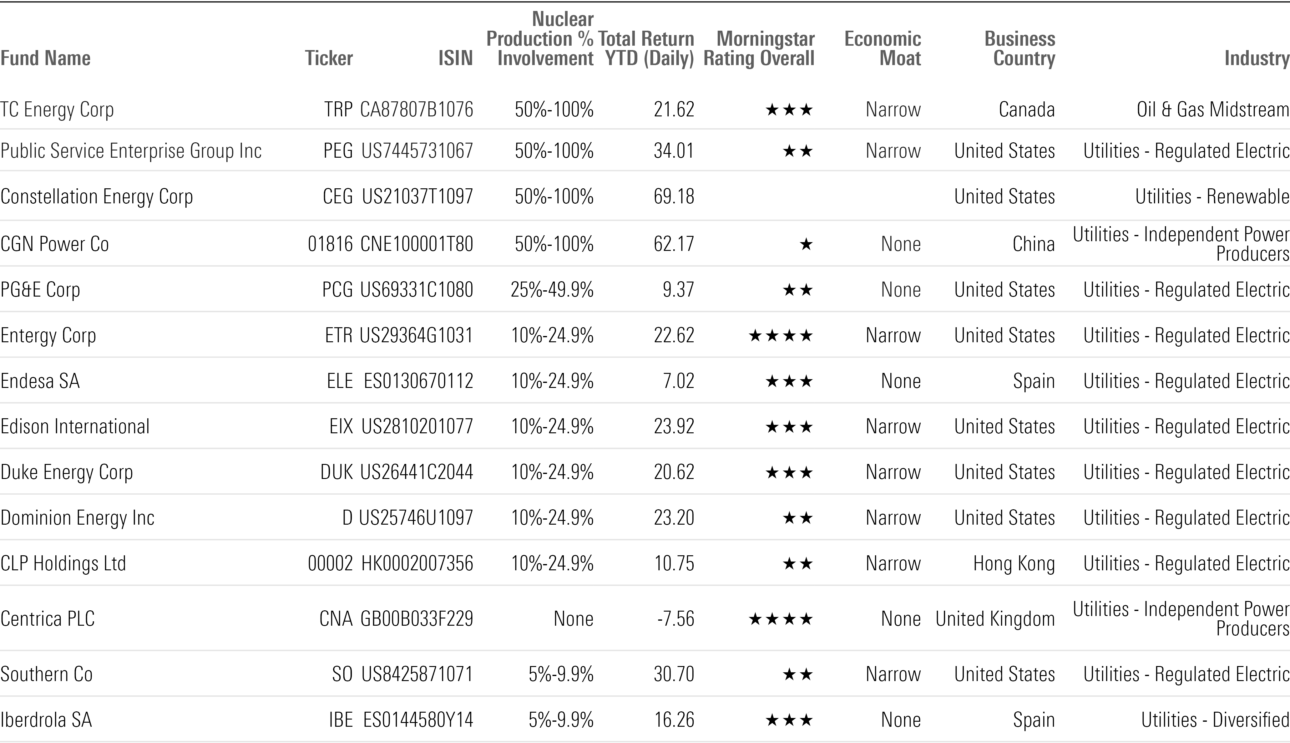 Table of Overview of Nuclear Stocks.