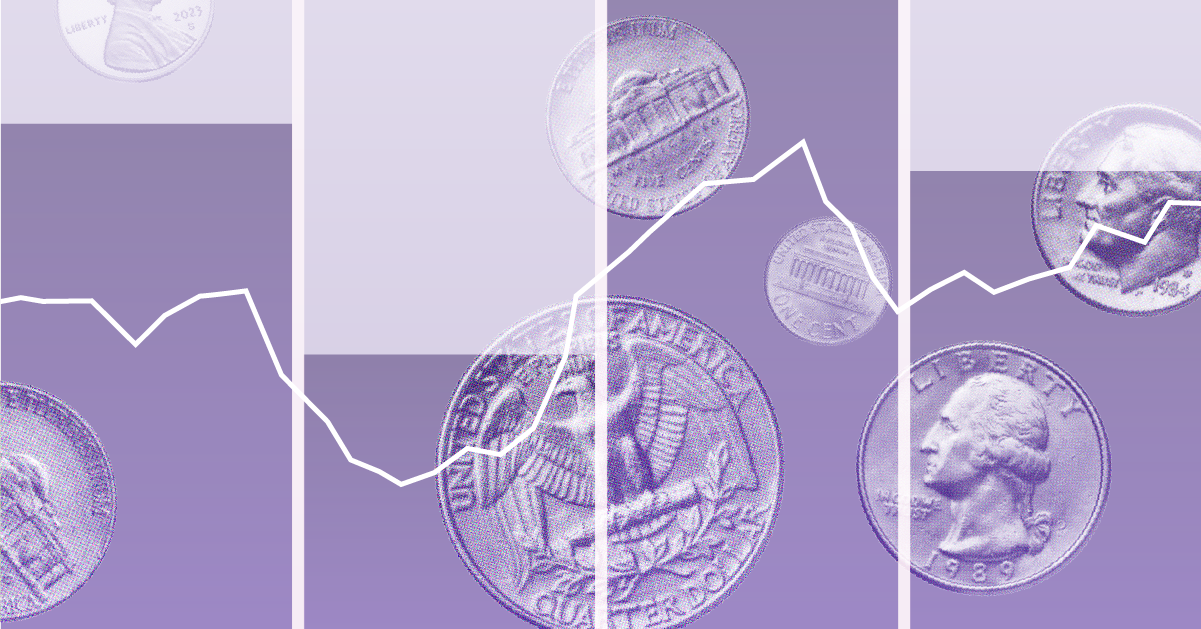 Illustration with coins floating over purple bar graphs