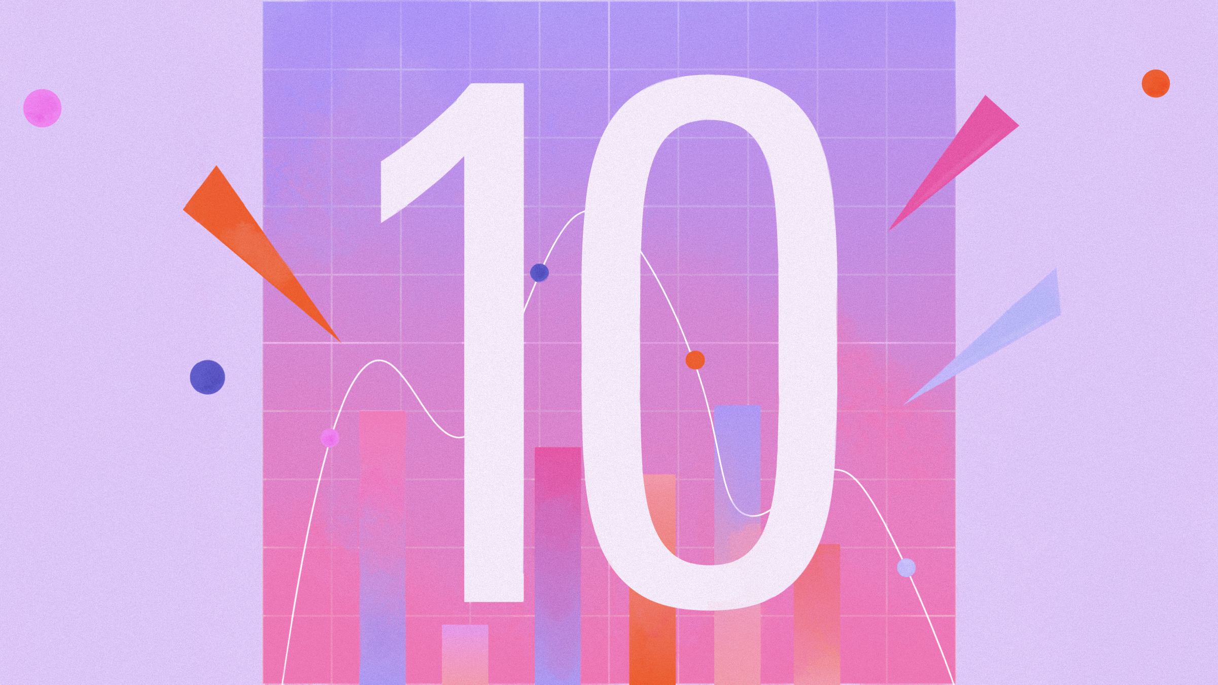 Illustration of the numeral 10 with bar graph and line chart elements