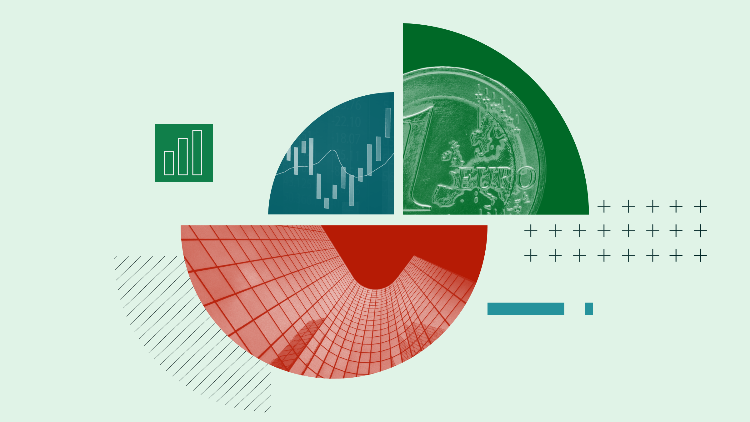 Collage illustré d'une pièce d'un euro, d'un symbole indiquant une tendance positive du marché et d'un immeuble de bureaux.