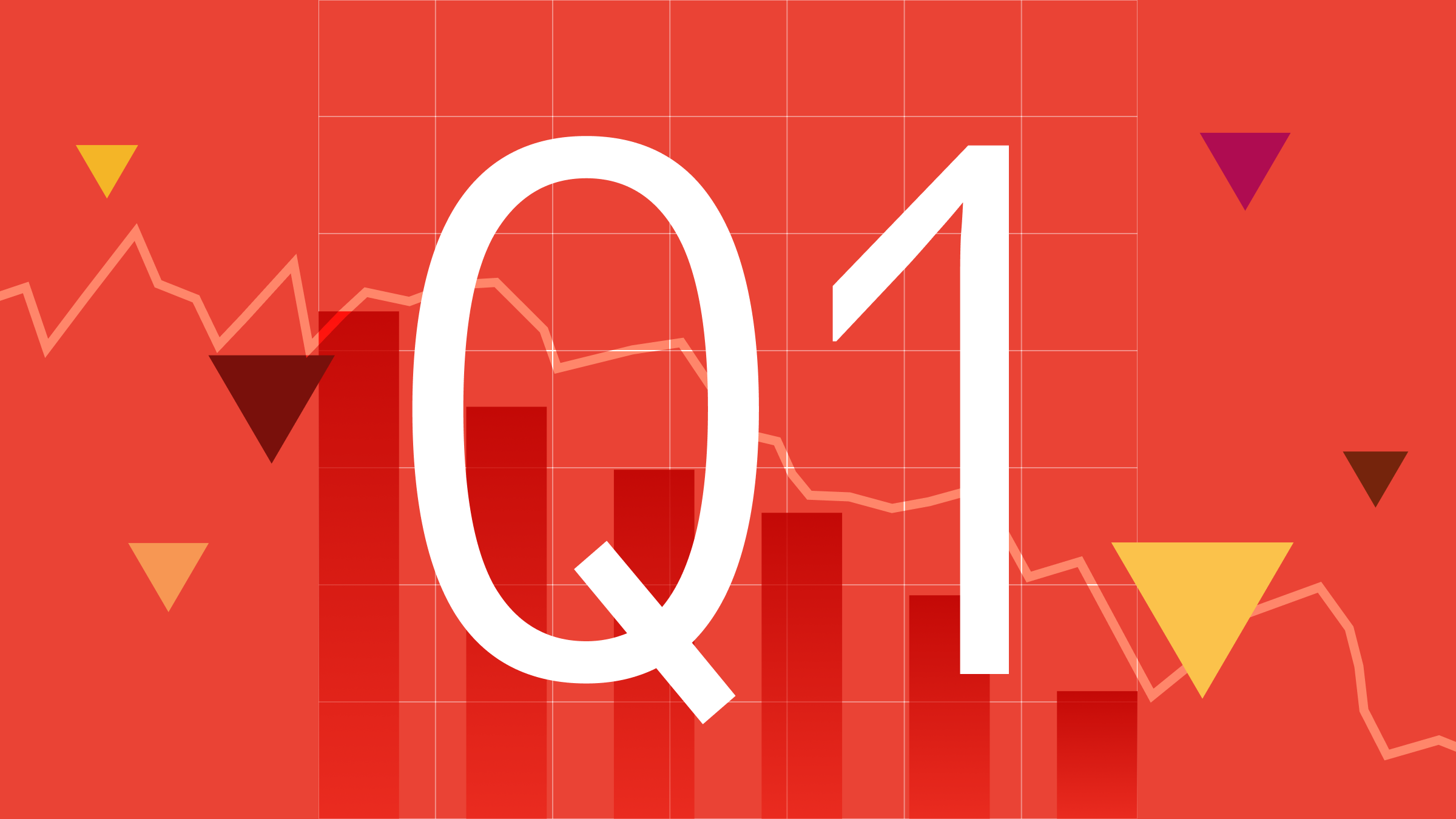 Illustration of chart elements on a red background with 'Q1' at the center, showing a down quarter