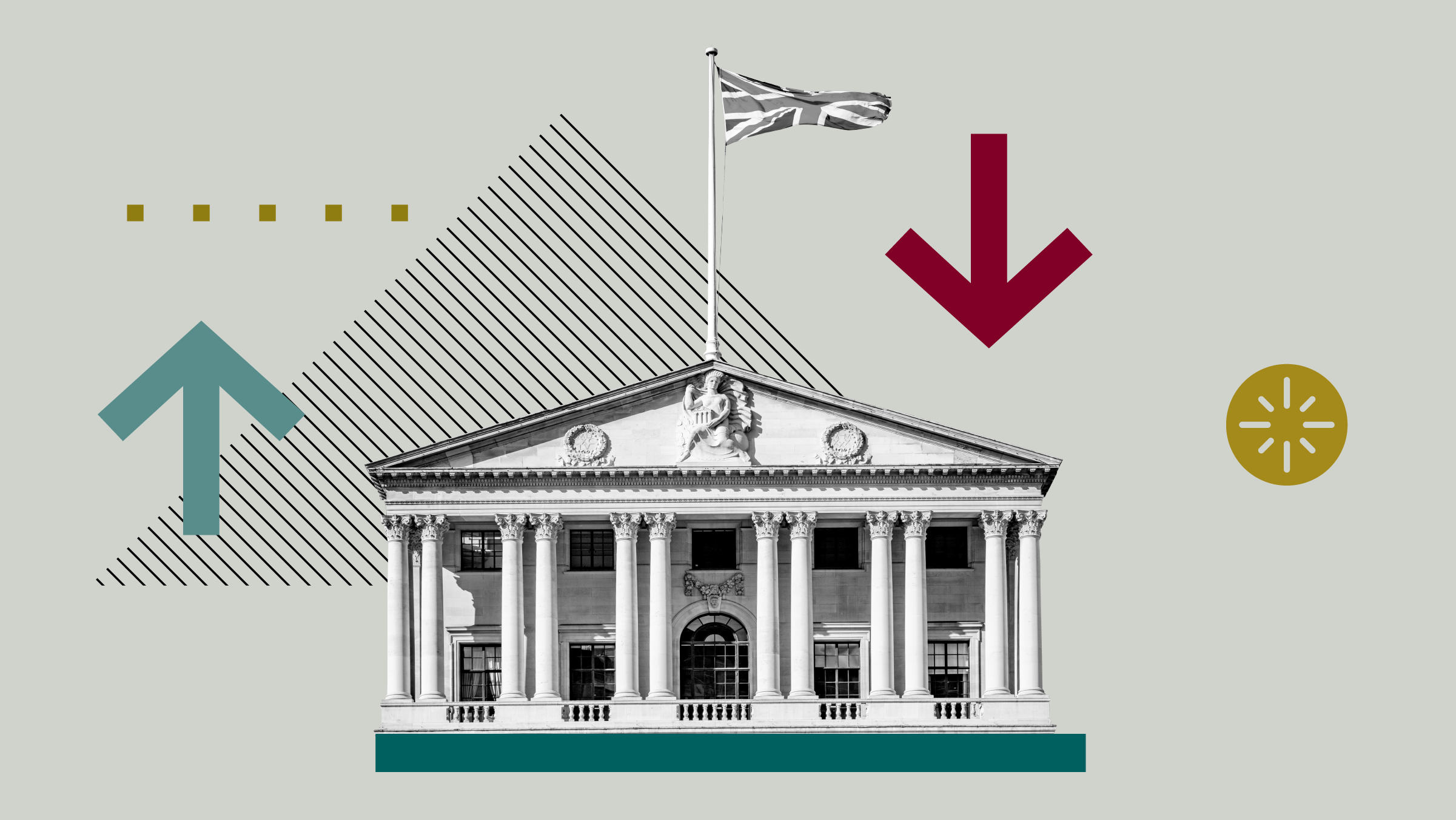 Collage illustration of the Bank of England with background shapes and icons