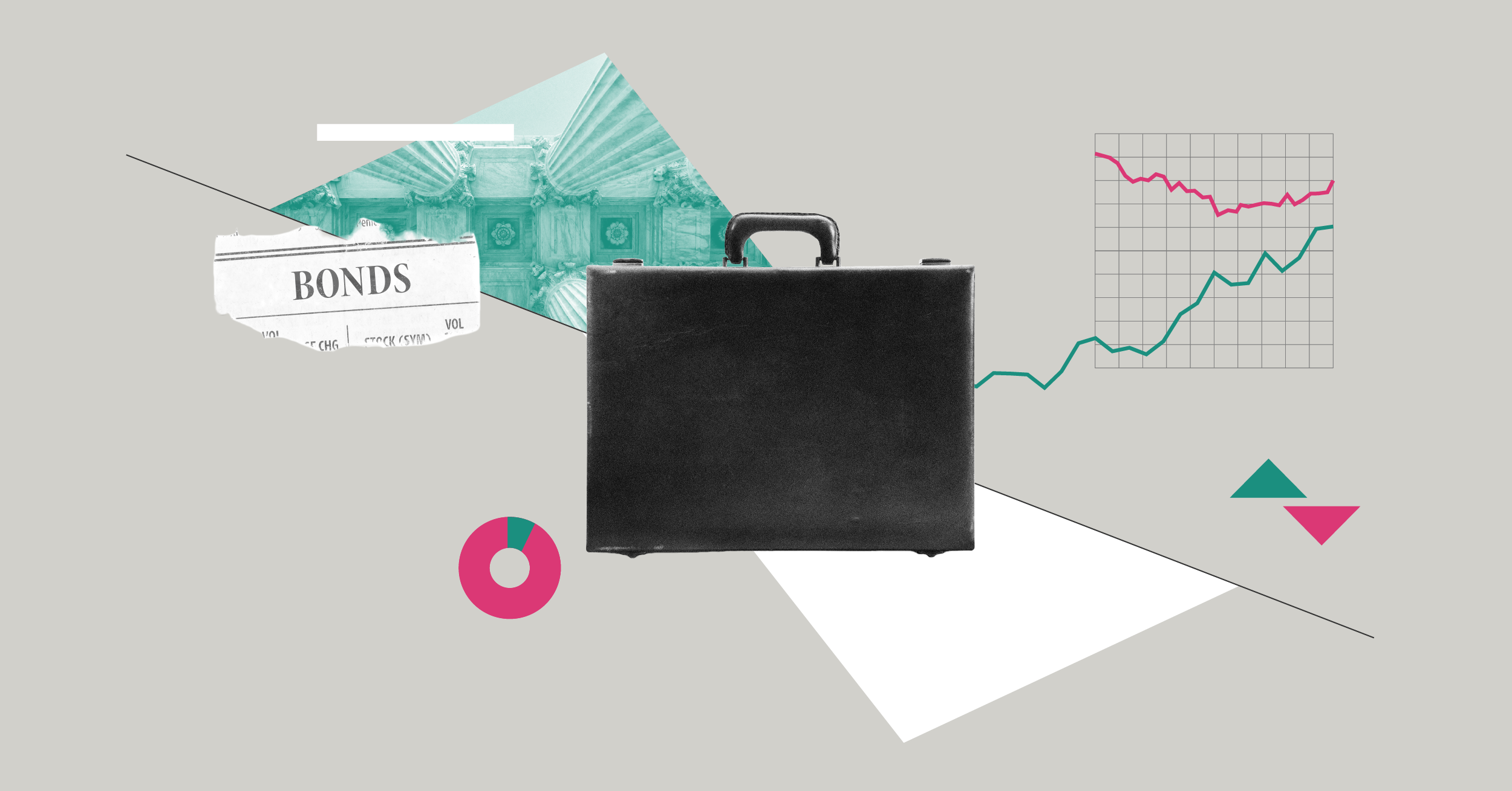 Collage con valigetta, ritaglio di giornale su Bonds ed elementi grafici.