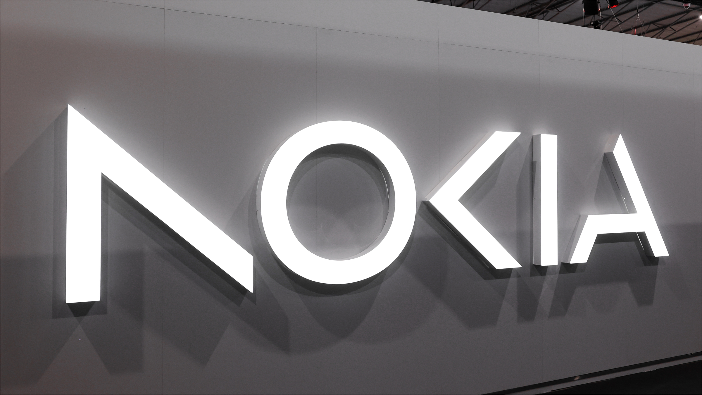 The Nokia Corporation logo is on display at their pavilion during the Mobile World Congress.