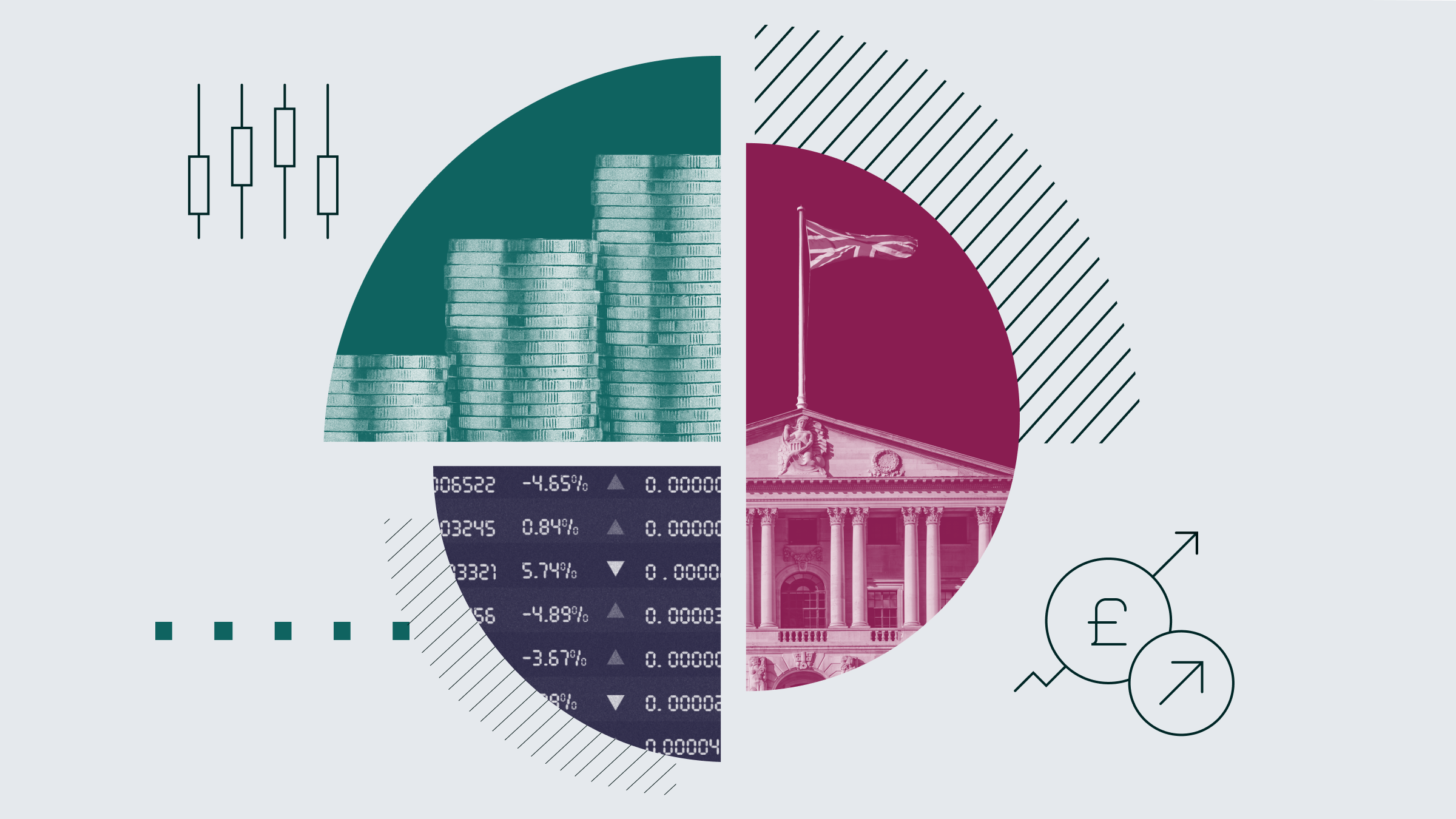 Collage illustration of a pie chart featuring images of the Bank of England, a stack of coins, an a ticker board.