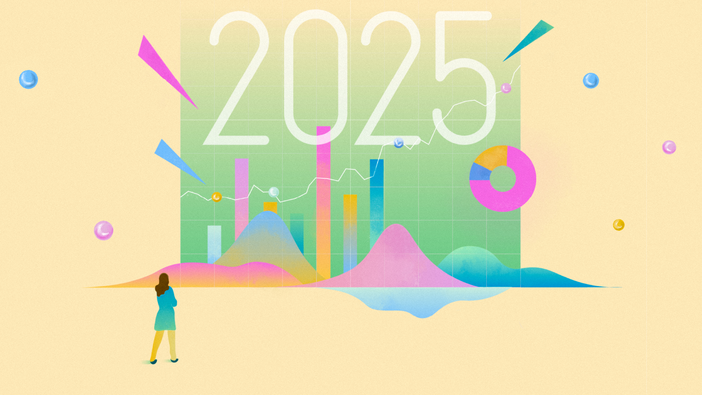 Illustration of graphical elements with the year &apos;2024&apos; at the center and a person looking into the distance