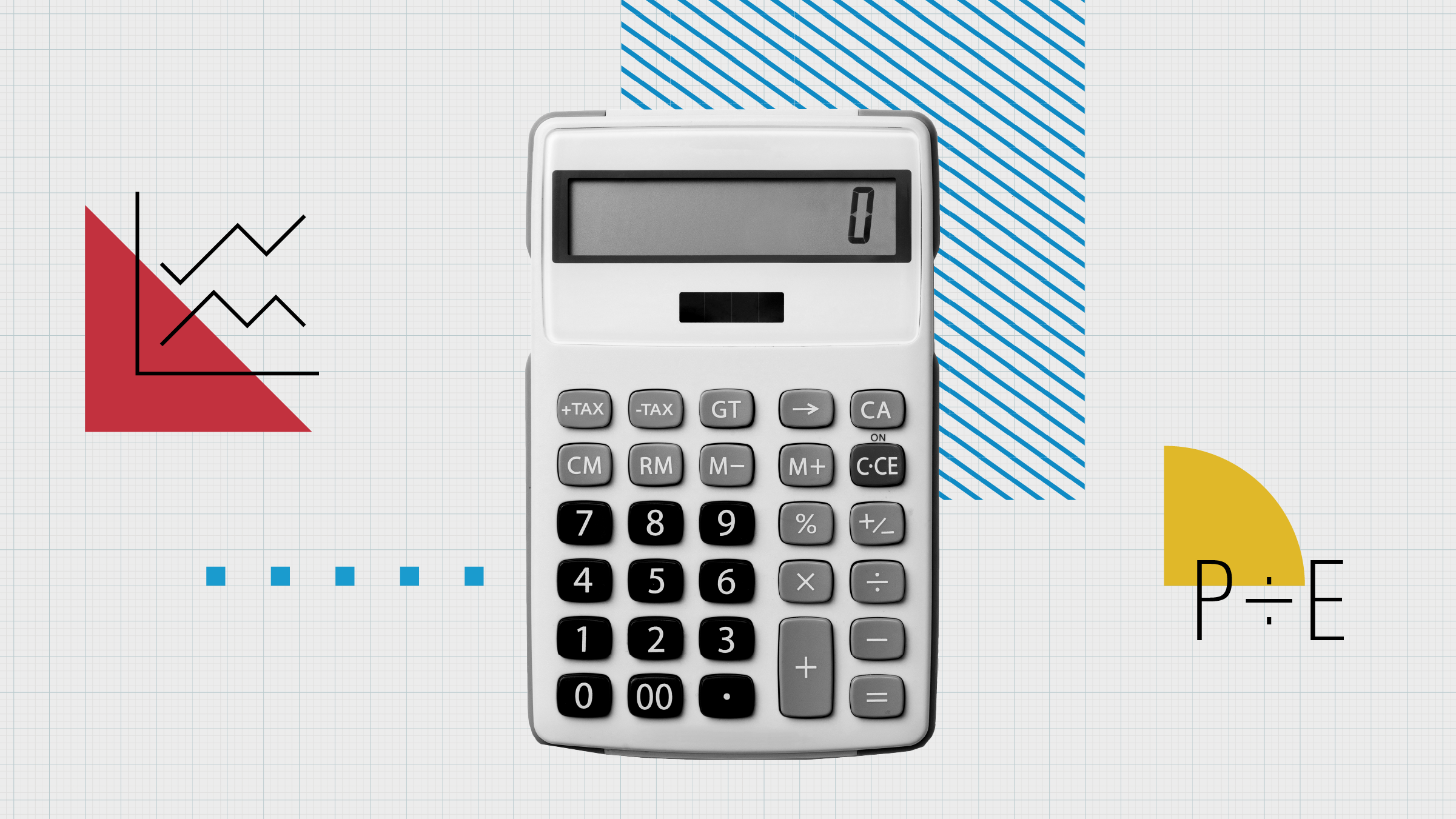 Photo collage of calculator with icons and shapes surrounding it