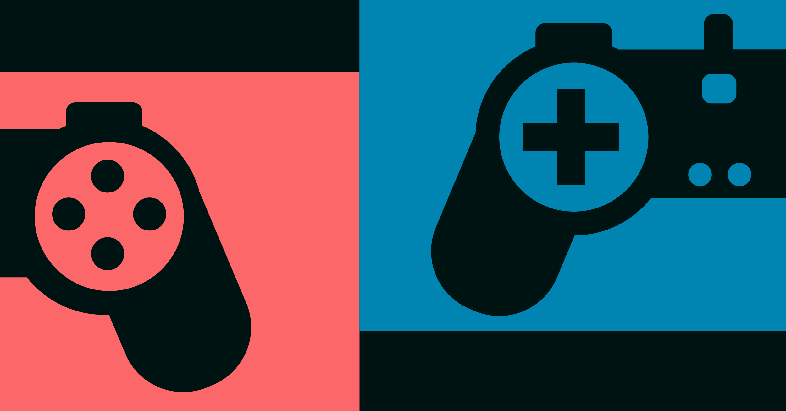 Illustration of half of a black video game controller outlined in a salmon-color and half of a black video game controller outlined in blue in front of a black background depicting the electronic gaming and multimedia industry