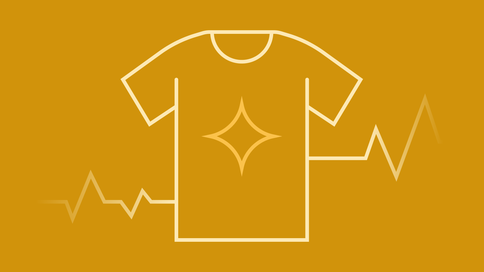En ikon av en T-shirt över ett pulsdiagram.