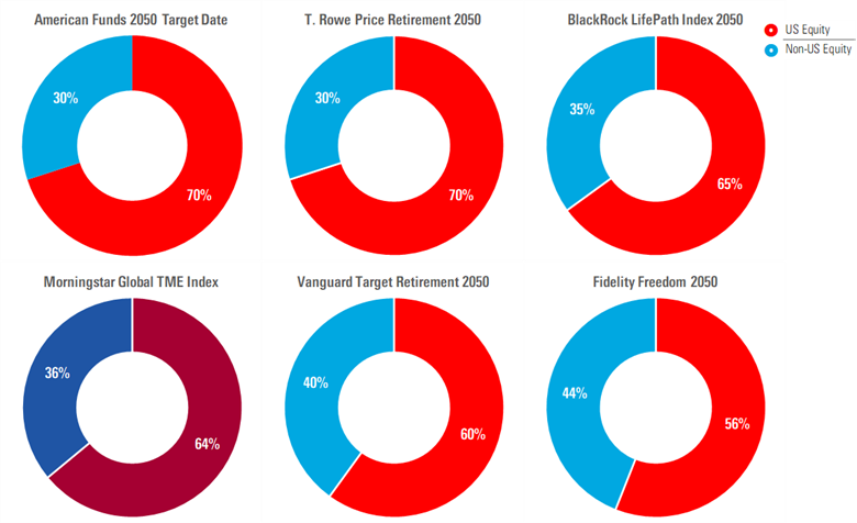 A series of cool donut charts showing the home bias of the largest target dates.