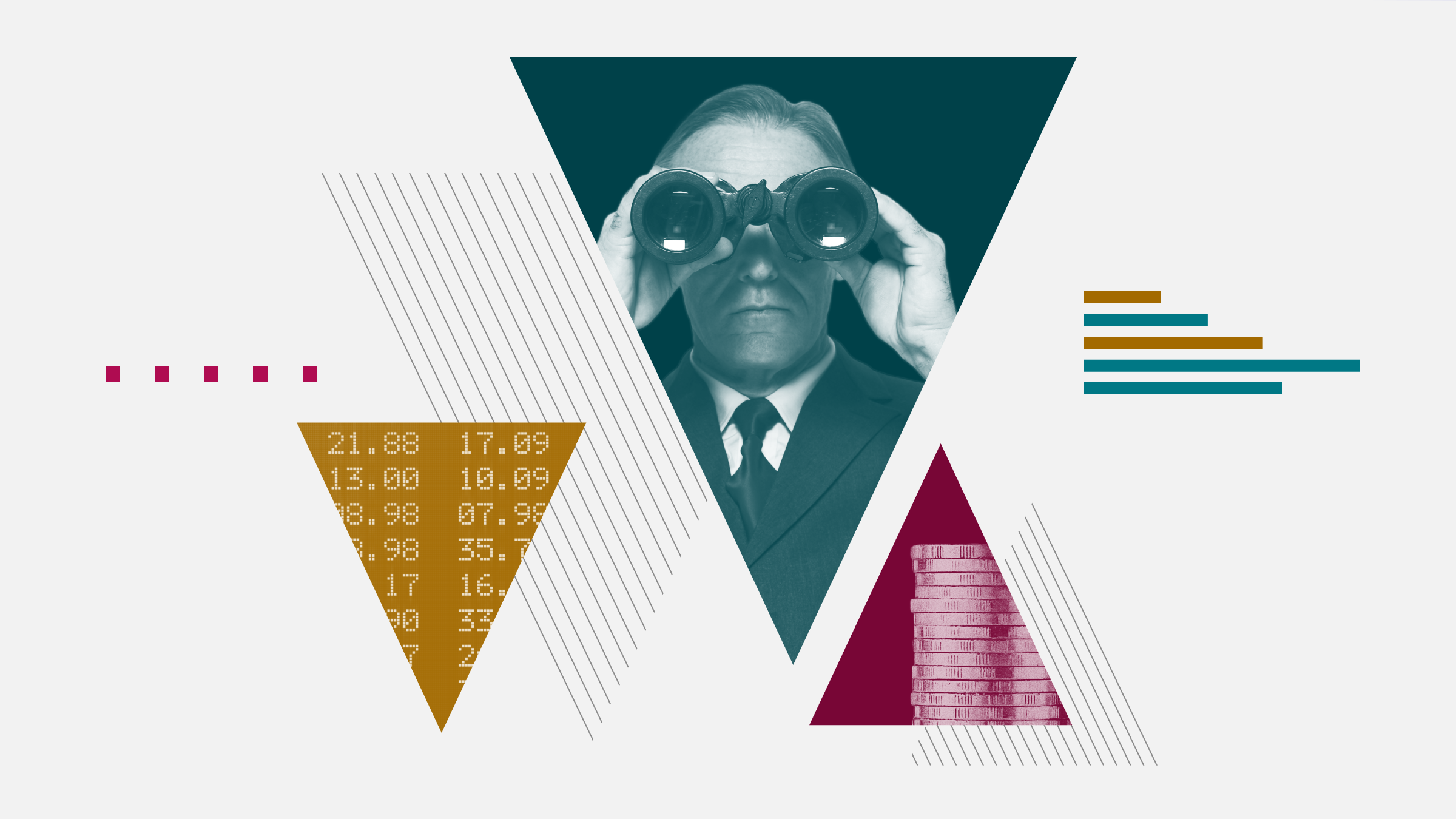 Illustration of market volatility with images of a man with binoculars, stock ticker, and coins inside up and down arrow-shaped masks